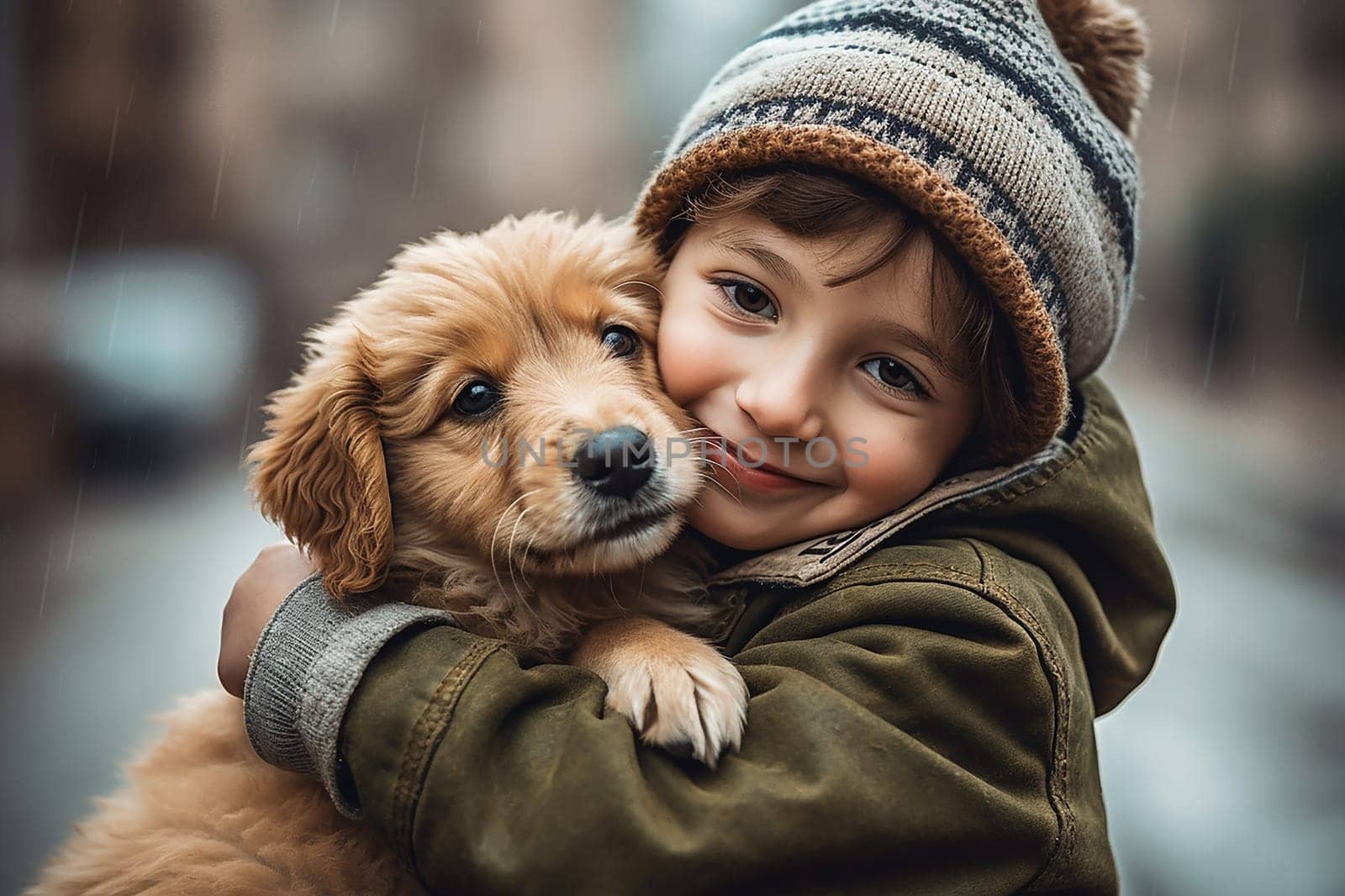 A happy child hugging his dog, city settings