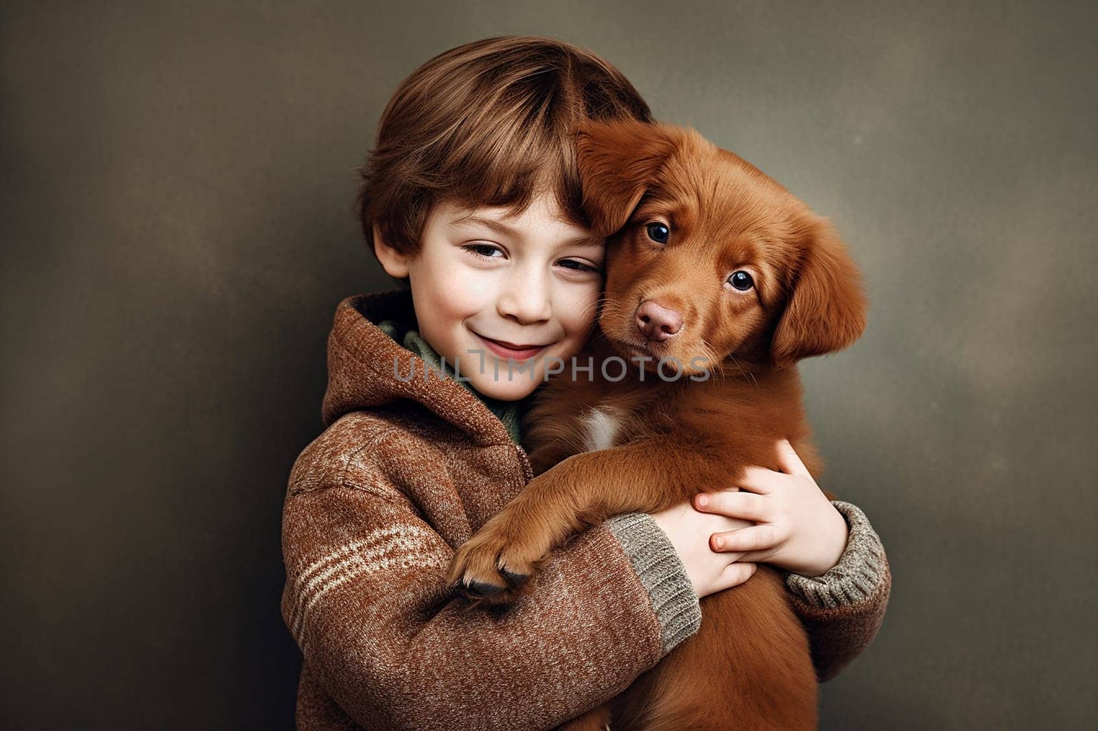 A happy child hugging his dog, city settings
