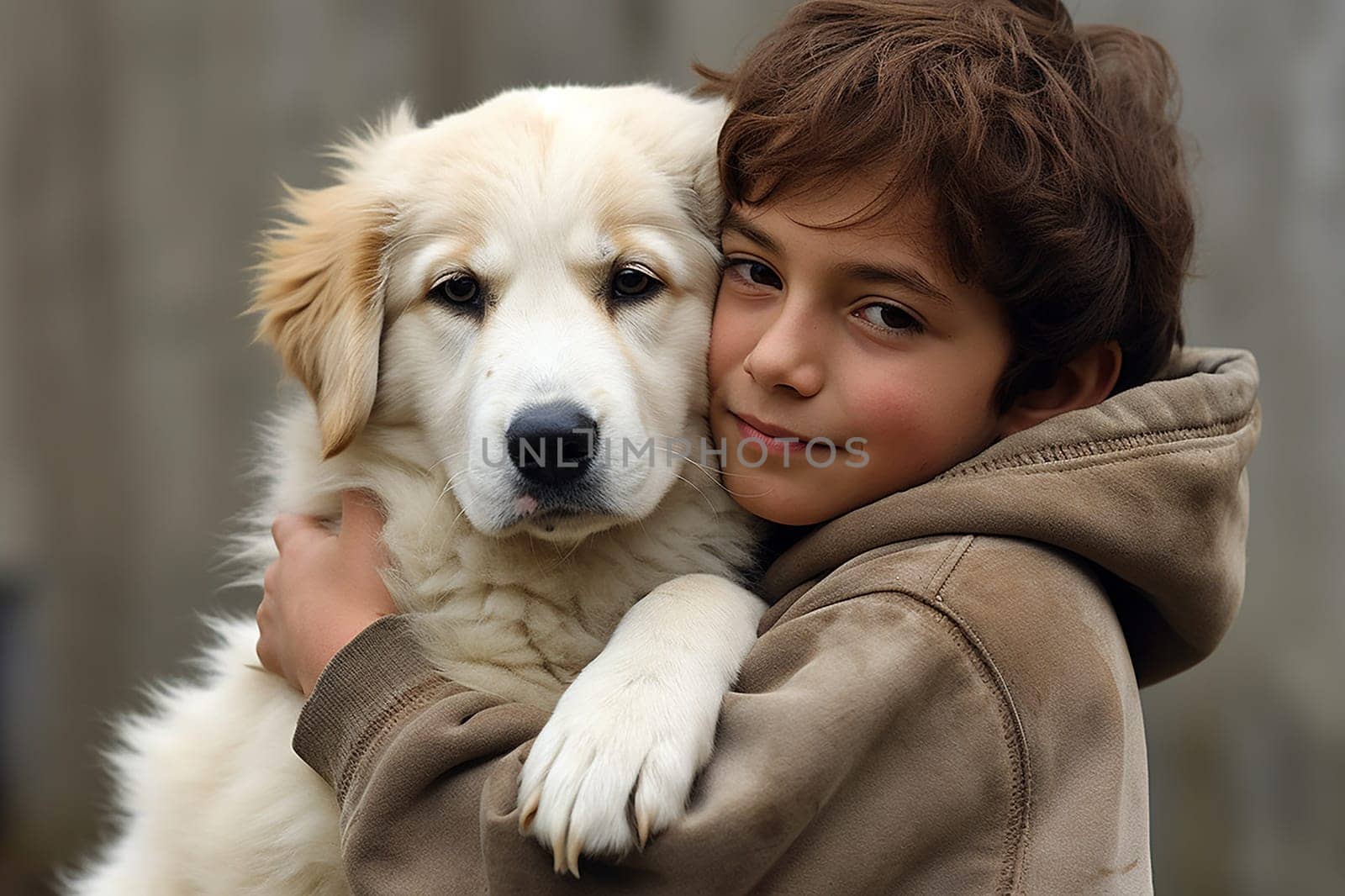 A happy child hugging his dog, city settings