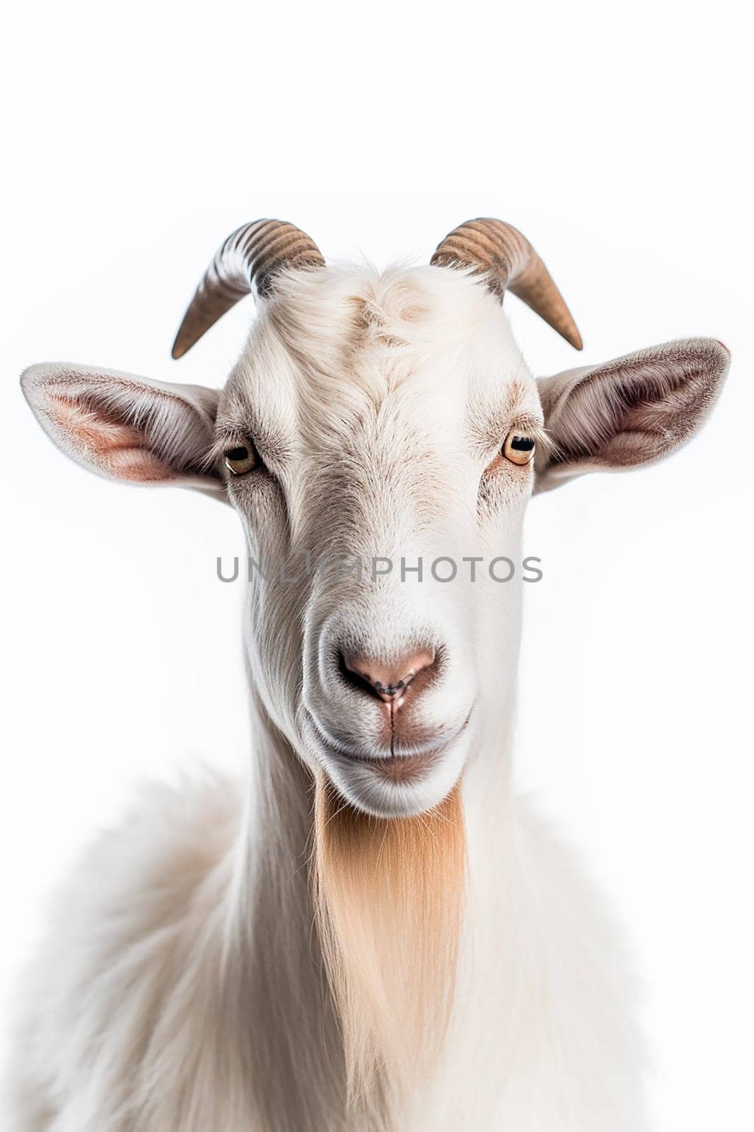 A photo of a farm animal, white goat on white background, real photo