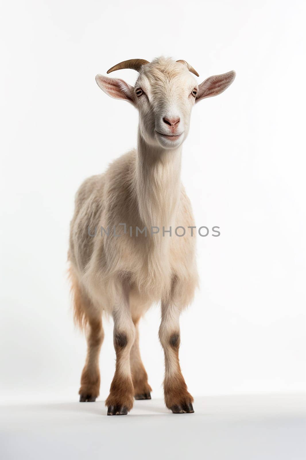 A photo of a farm animal, white goat on white background, real photo