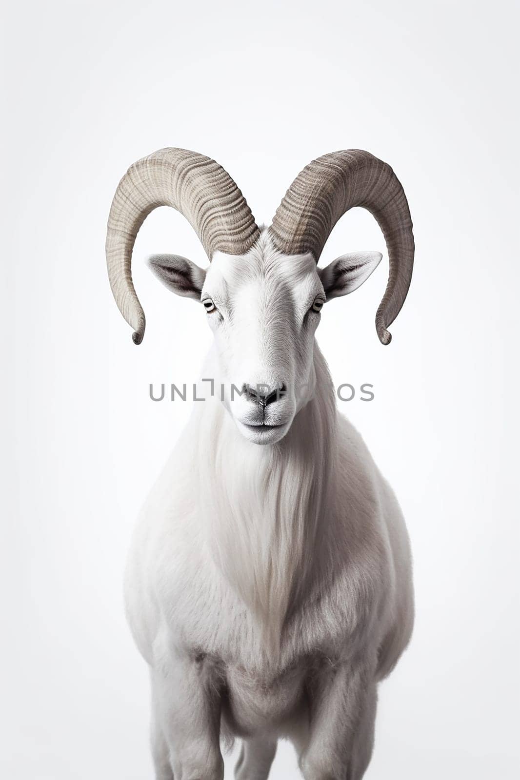 A photo of a farm animal, white goat on white background, real photo