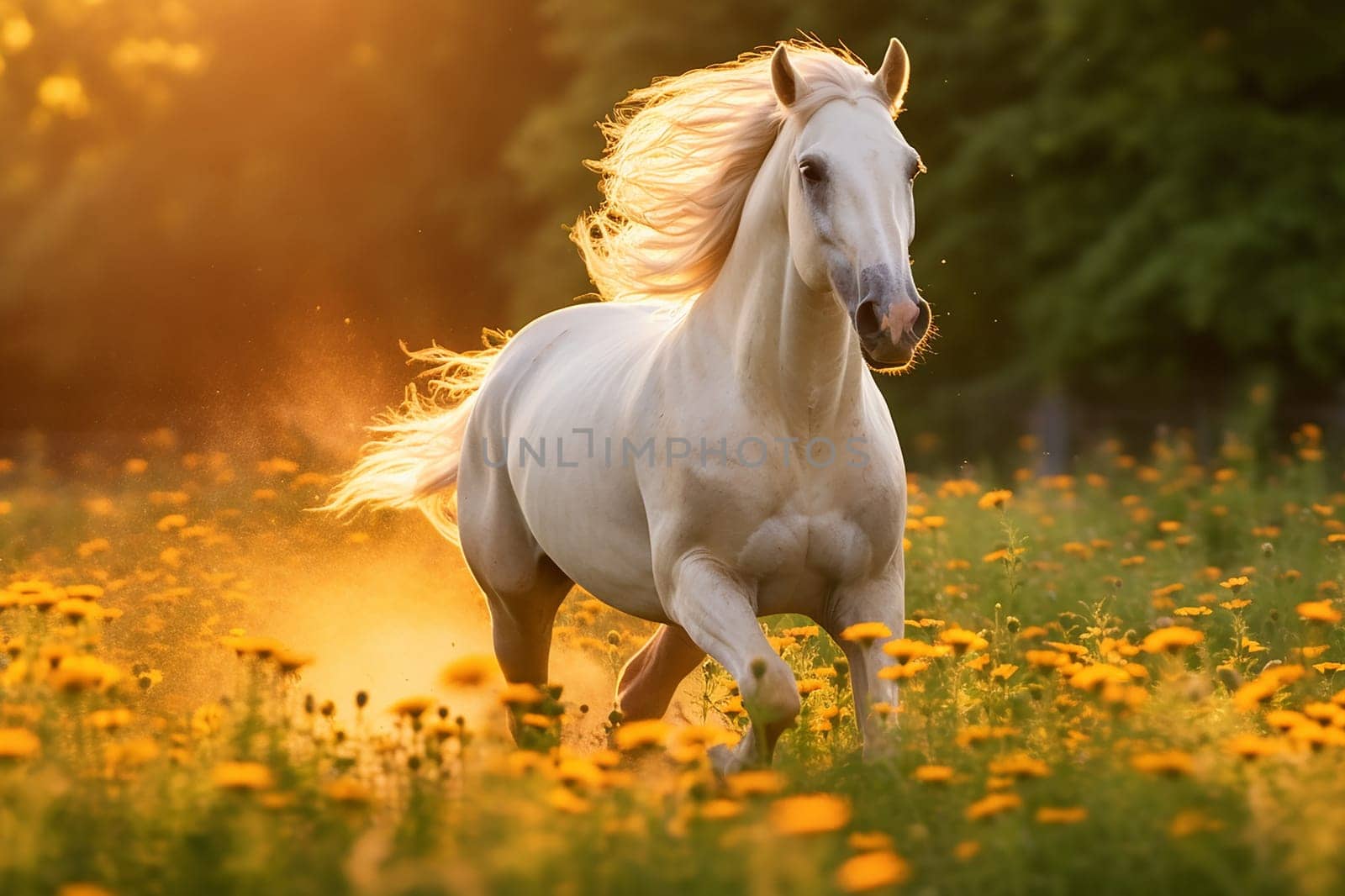 A beautiful horse running free in nature, freedom, forest background