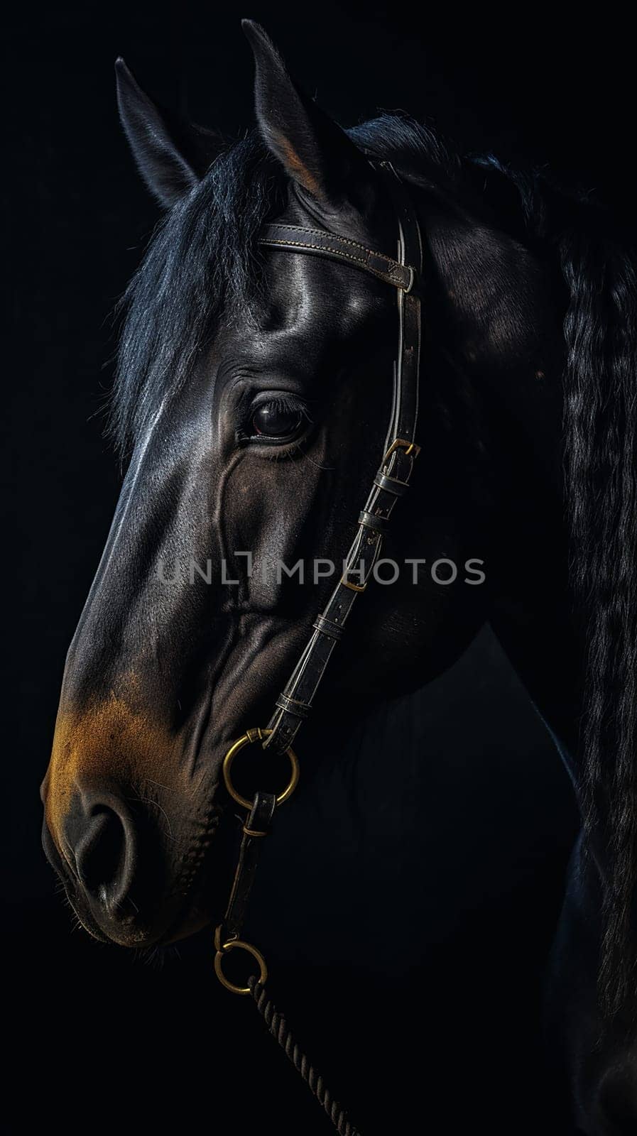 A majestic beautiful black stallion, black background, in a stall