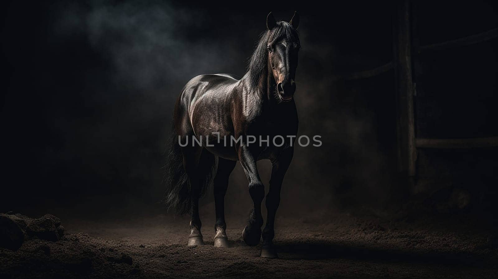 A majestic beautiful black stallion, black background, in a stall