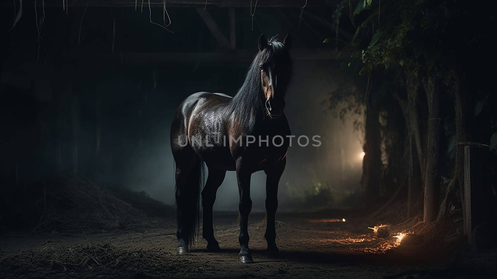 A majestic beautiful black stallion, black background by Hype2art