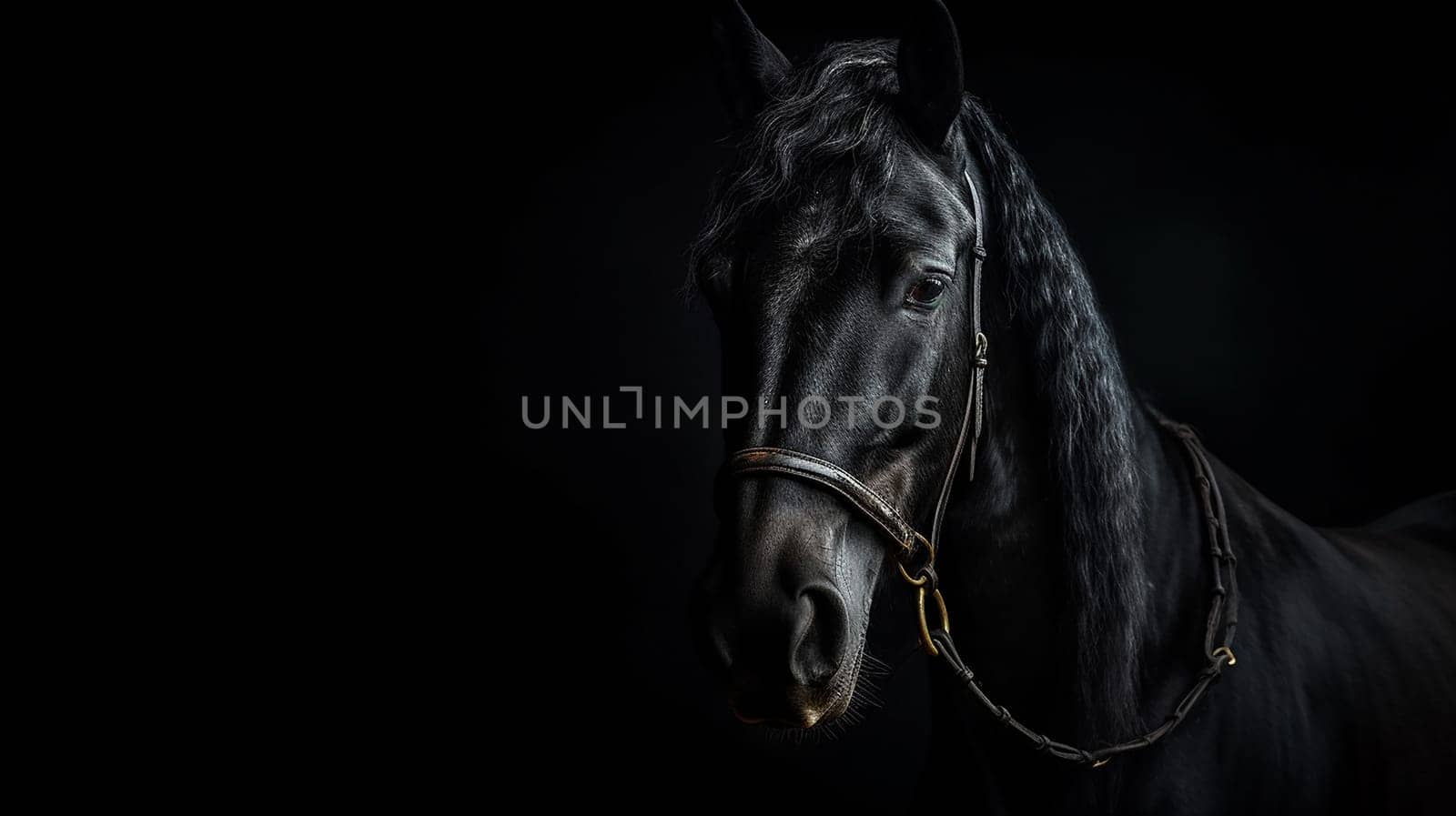 A majestic beautiful black stallion, black background, in a stall