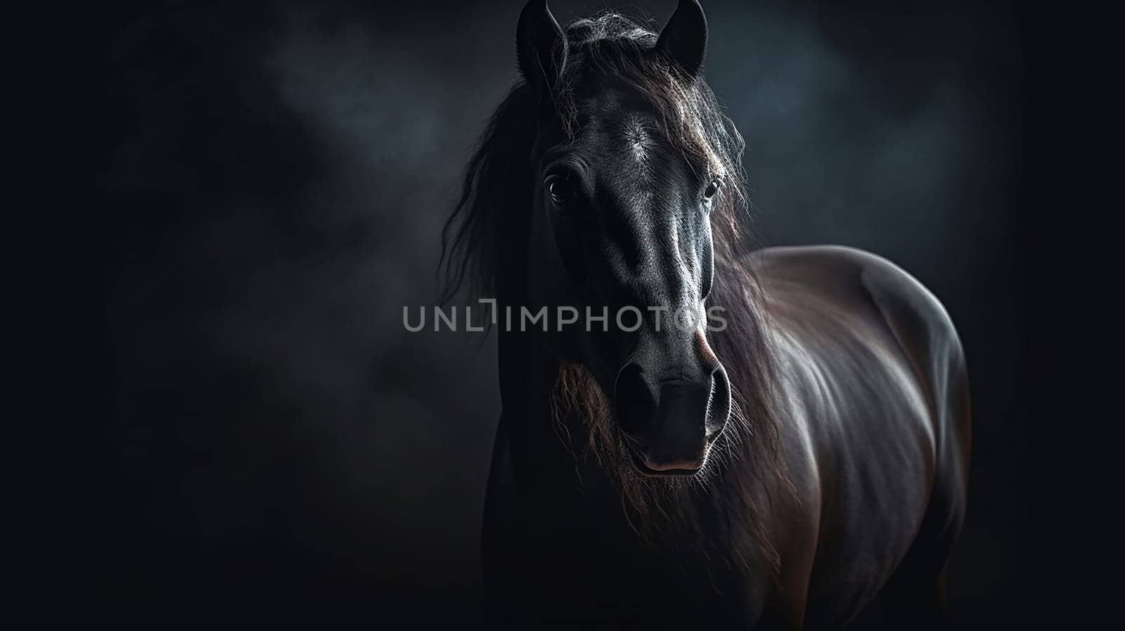 A majestic beautiful black stallion, black background, in a stall