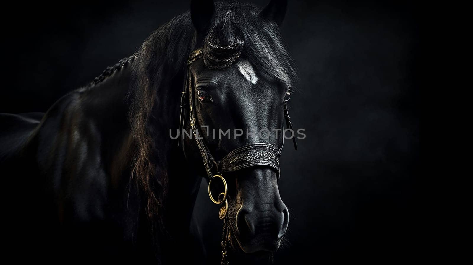 A majestic beautiful black stallion, black background, in a stall