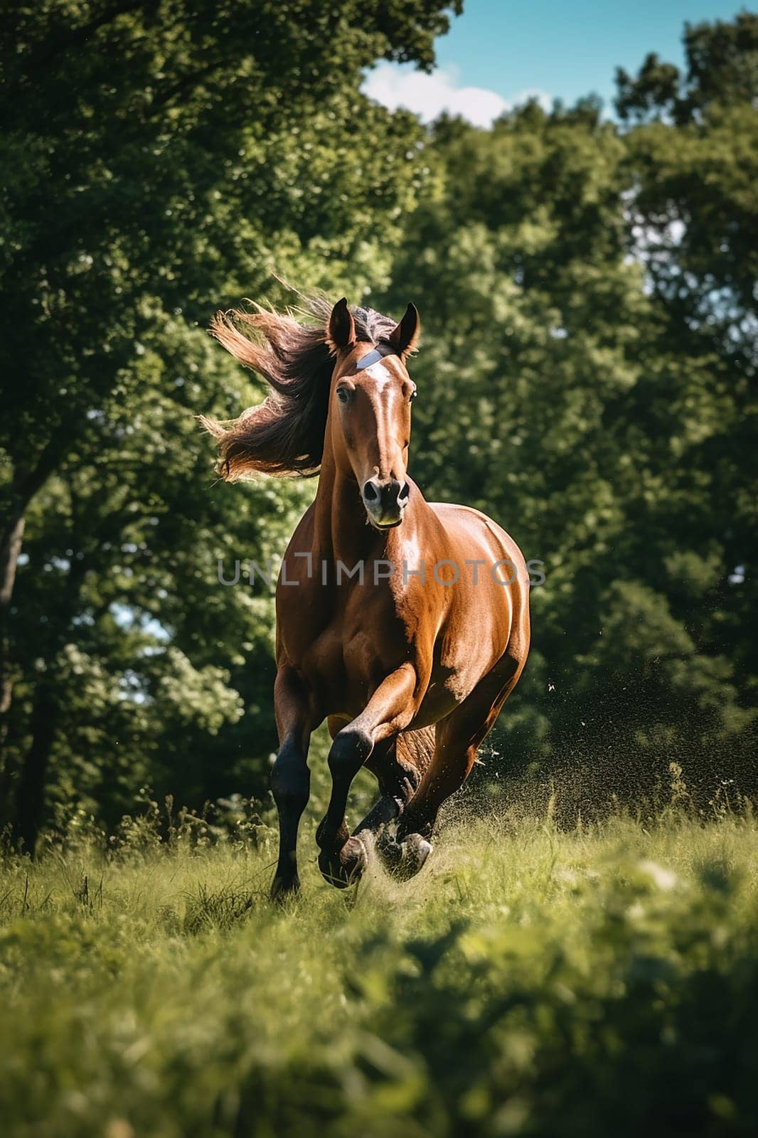 A beautiful horse running free in nature, freedom, forest background