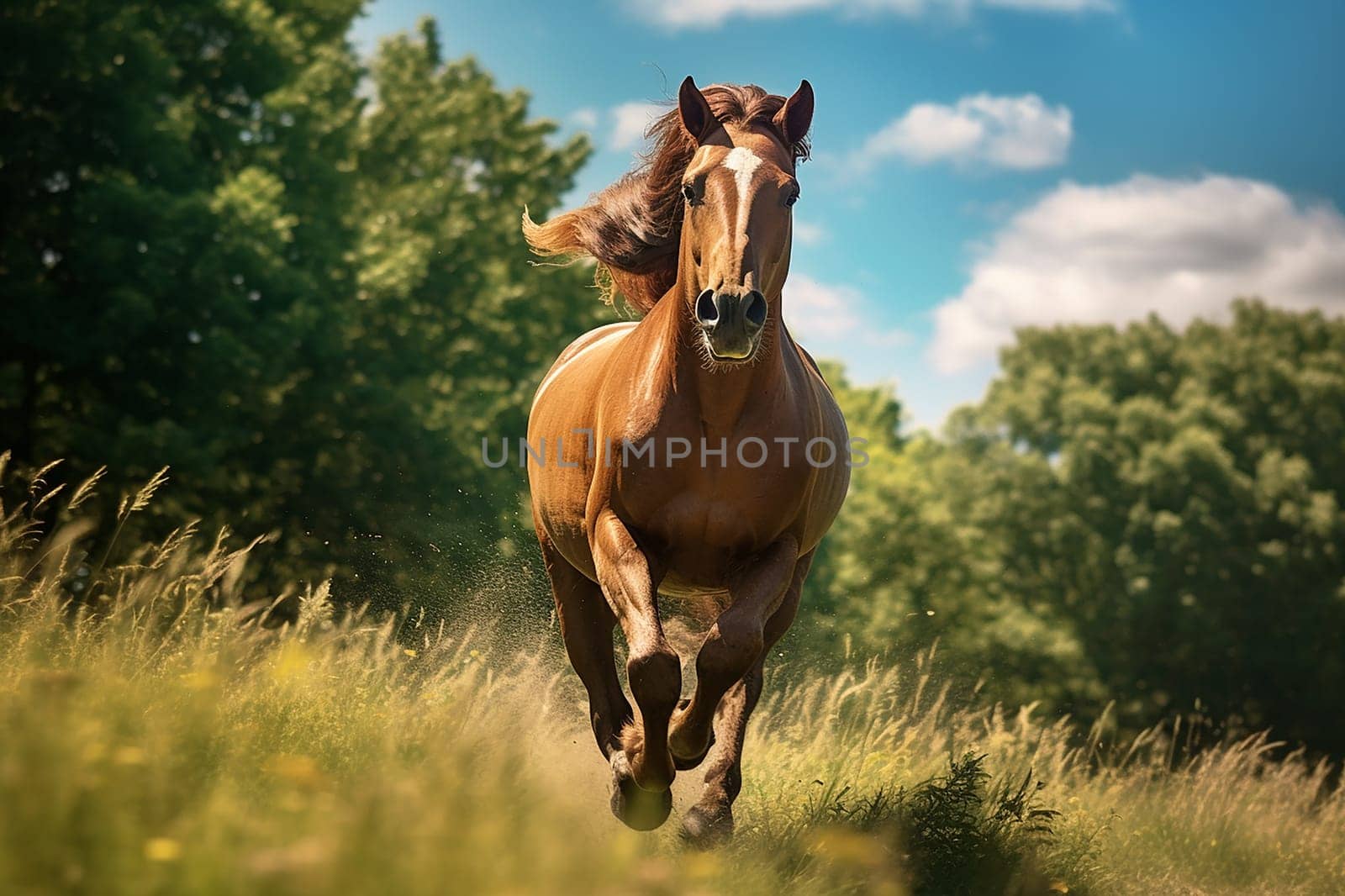 A beautiful horse running free in nature, freedom, forest background