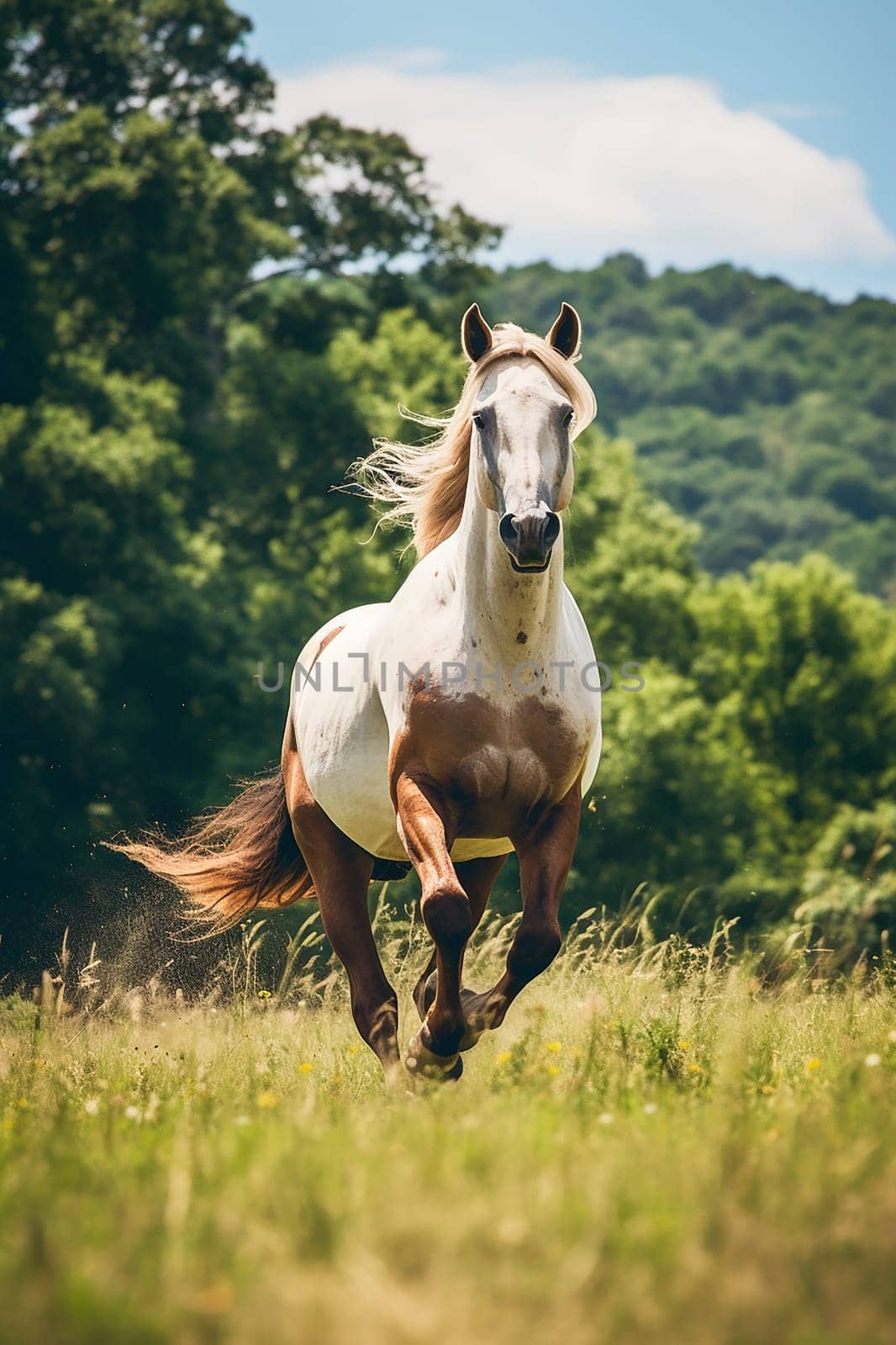 A beautiful horse running free in nature, freedom, forest background