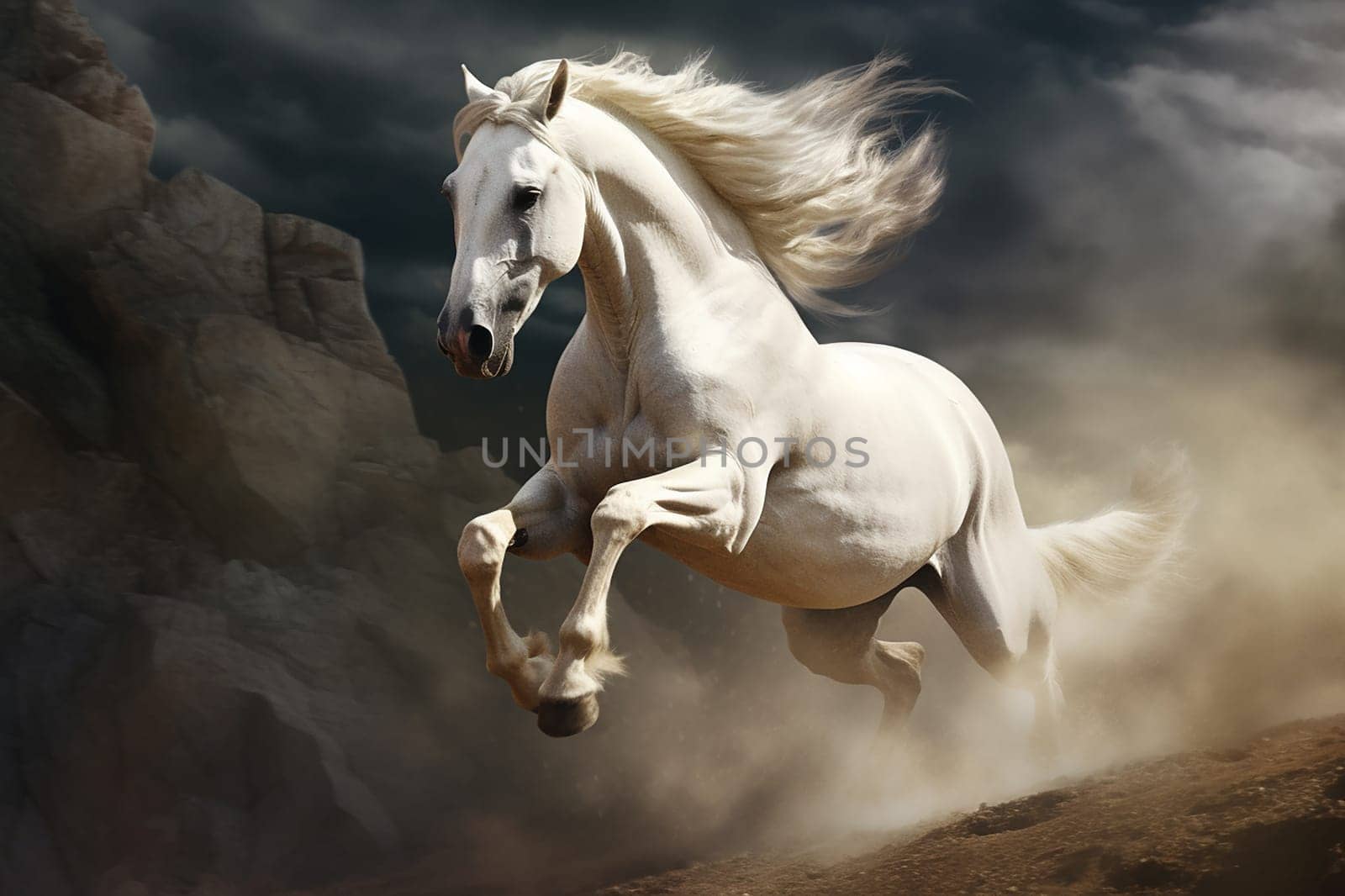 A beautiful horse running free in nature, freedom, background