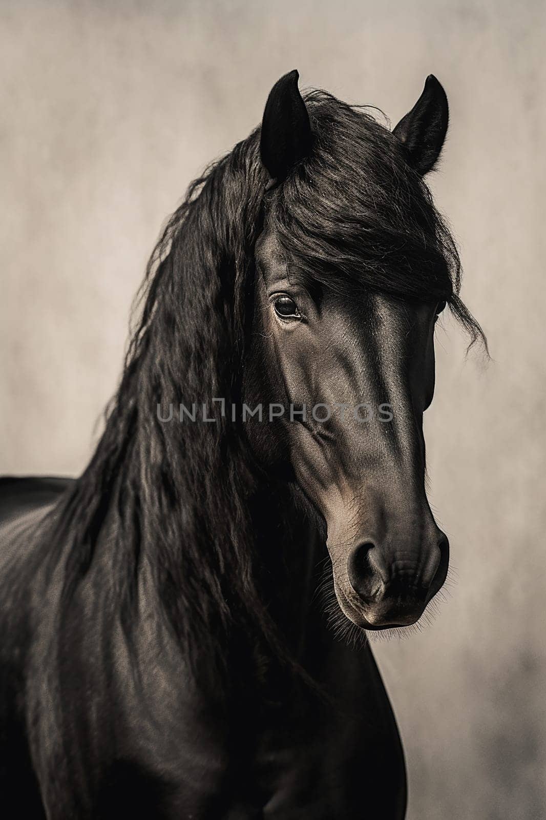 Majestic beautiful black Friesian, neutral background, pureblood