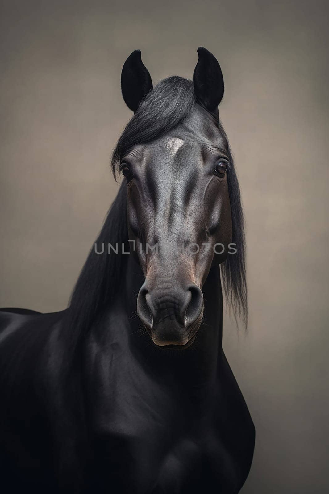 Majestic beautiful black Friesian, neutral background, pureblood