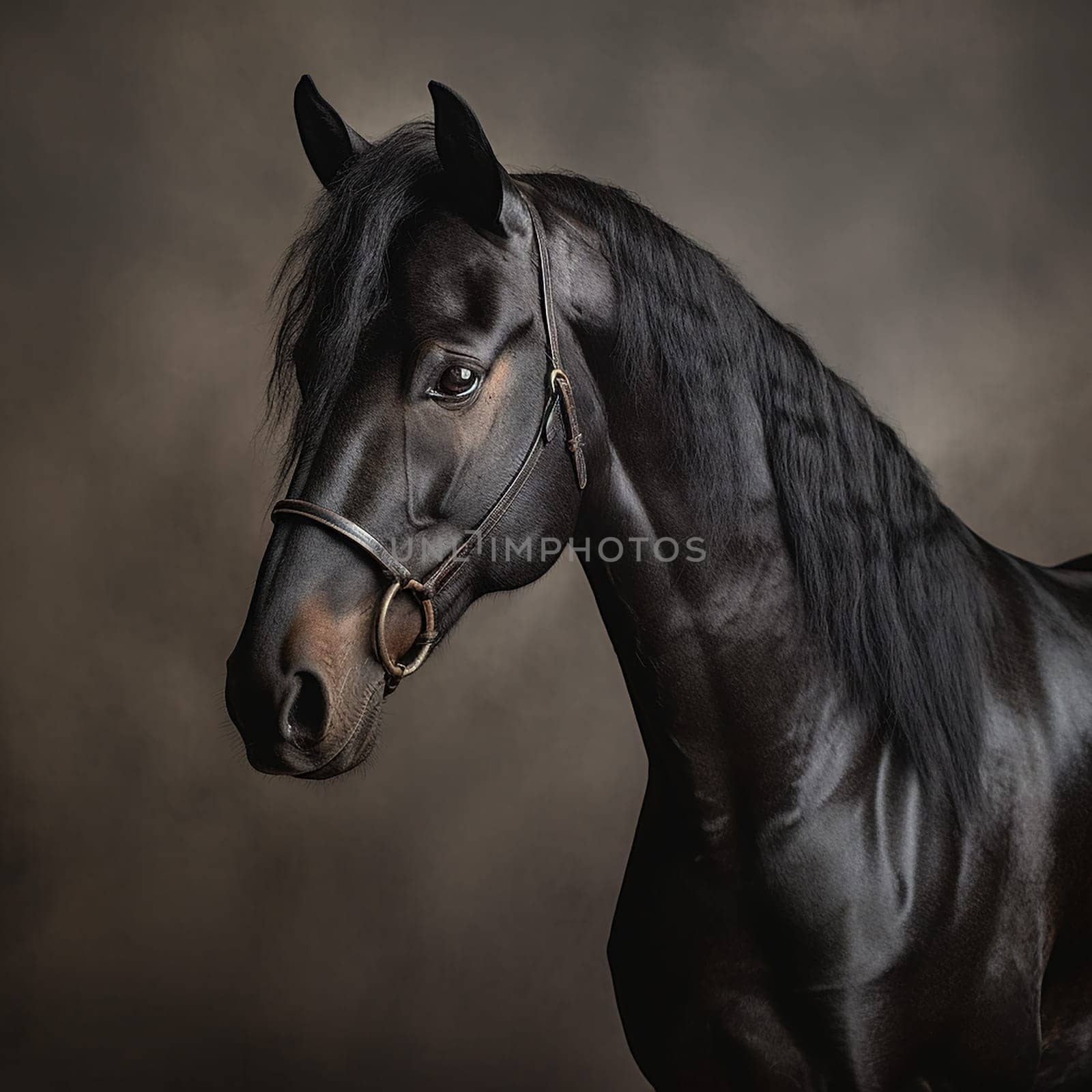 Majestic beautiful black Friesian, neutral background, pureblood