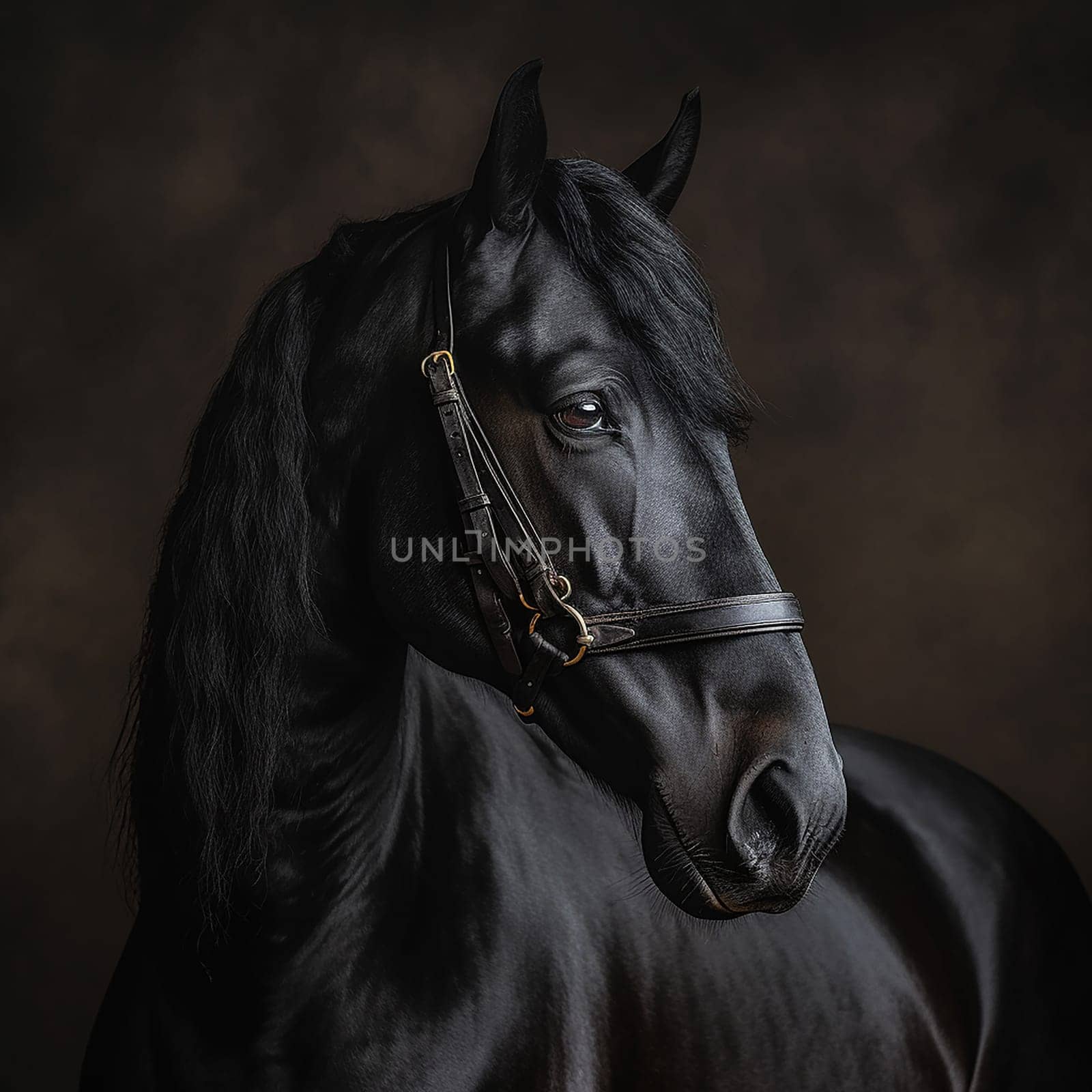 Majestic beautiful black Friesian, neutral background, pureblood