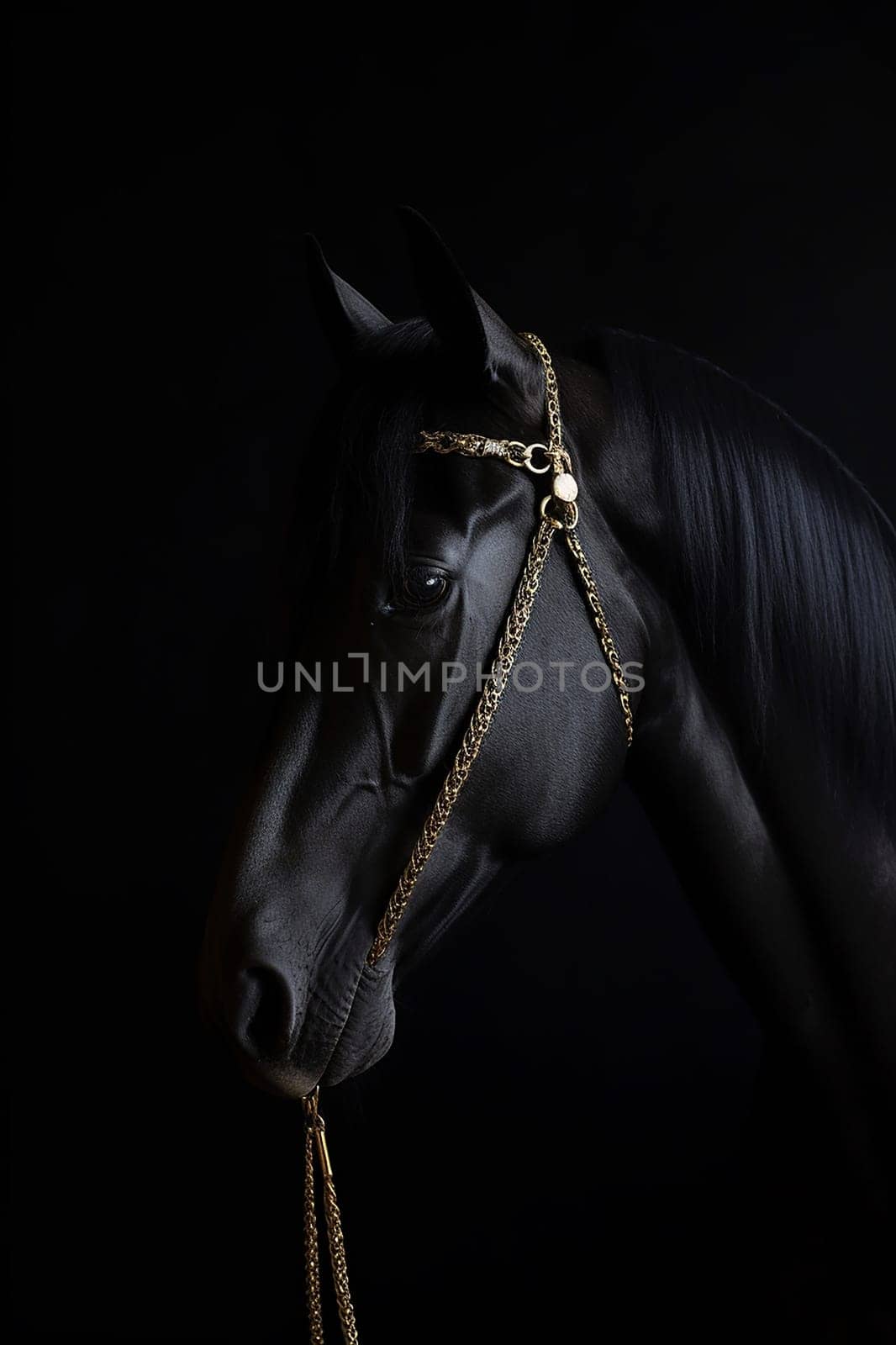 Majestic beautiful black Friesian, neutral background, pureblood