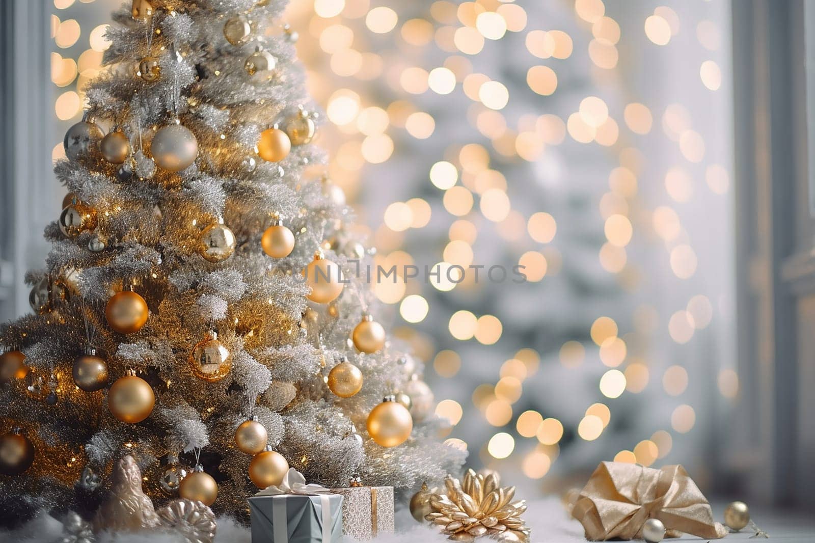A christmas bauble of a xmas tree, golden and bright colors, bokeh effect, illustration