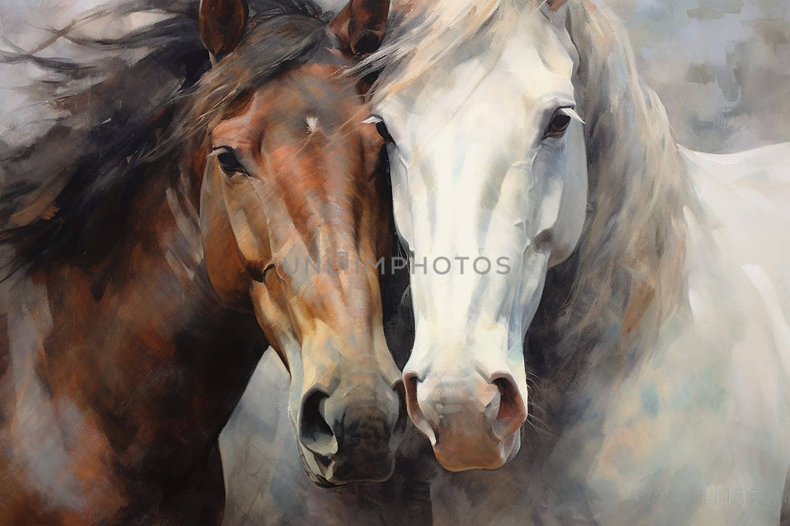 painted canvas of a couple of horses, white background, gradient background