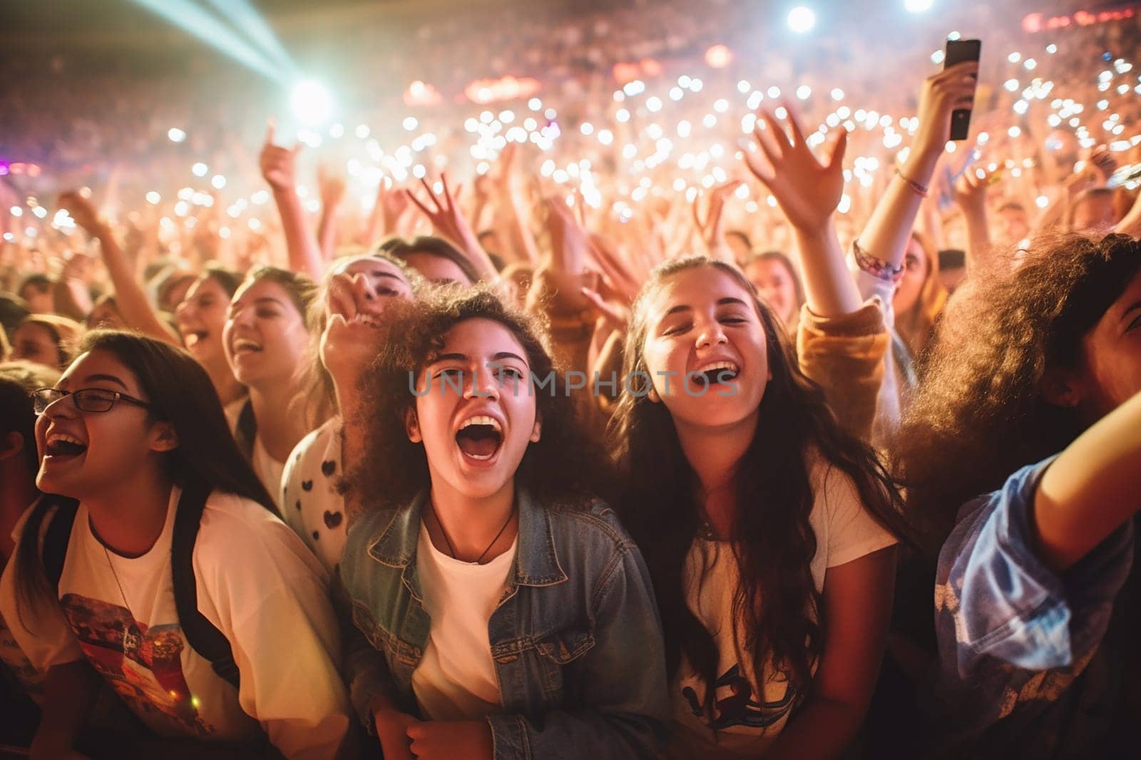 A close up photo of a group of teenager at a concert of their favorite band, night life, music festival event. happiness, joyfull crowd concert