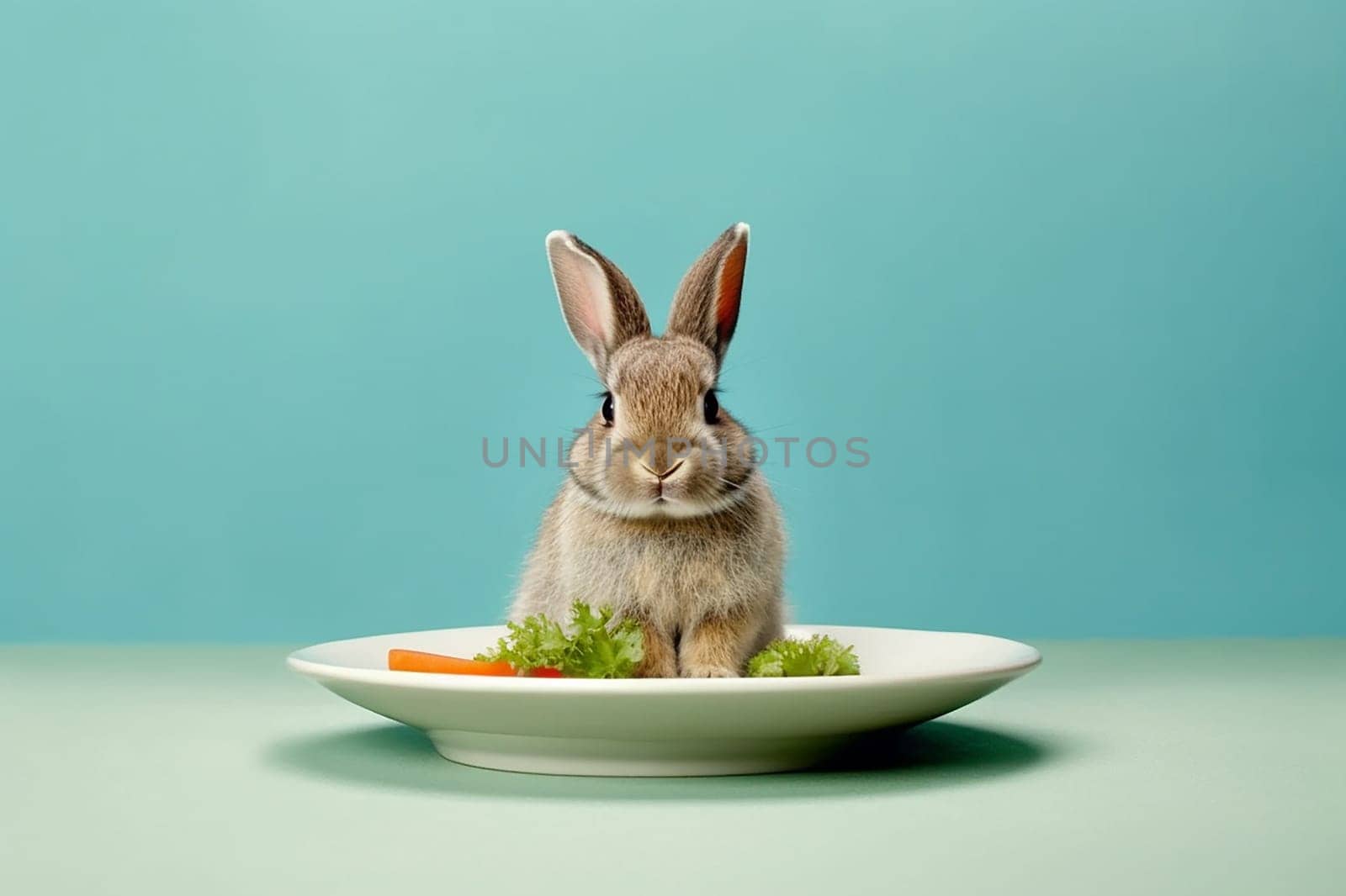 A little cute and adorable small rabbit on a plate,, baby bunny photo, vegetarian or vegan concept, neutral background by Hype2art
