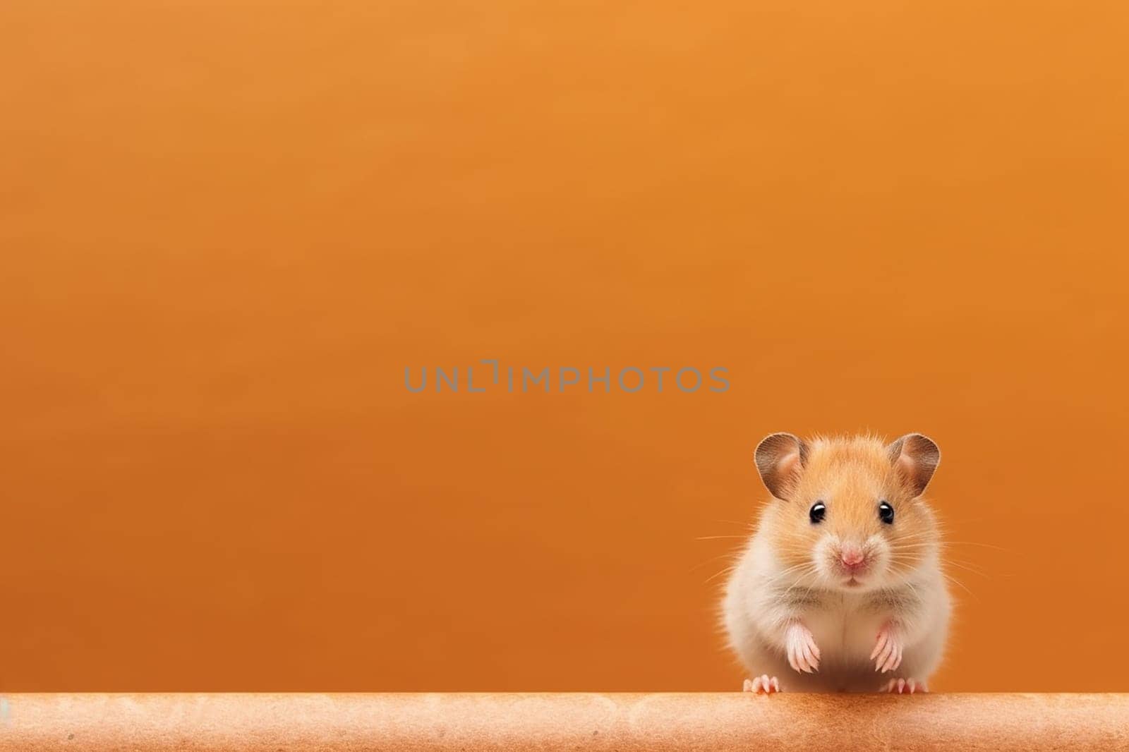 Portrait of a little cute adorable hamster sitting with an orange background