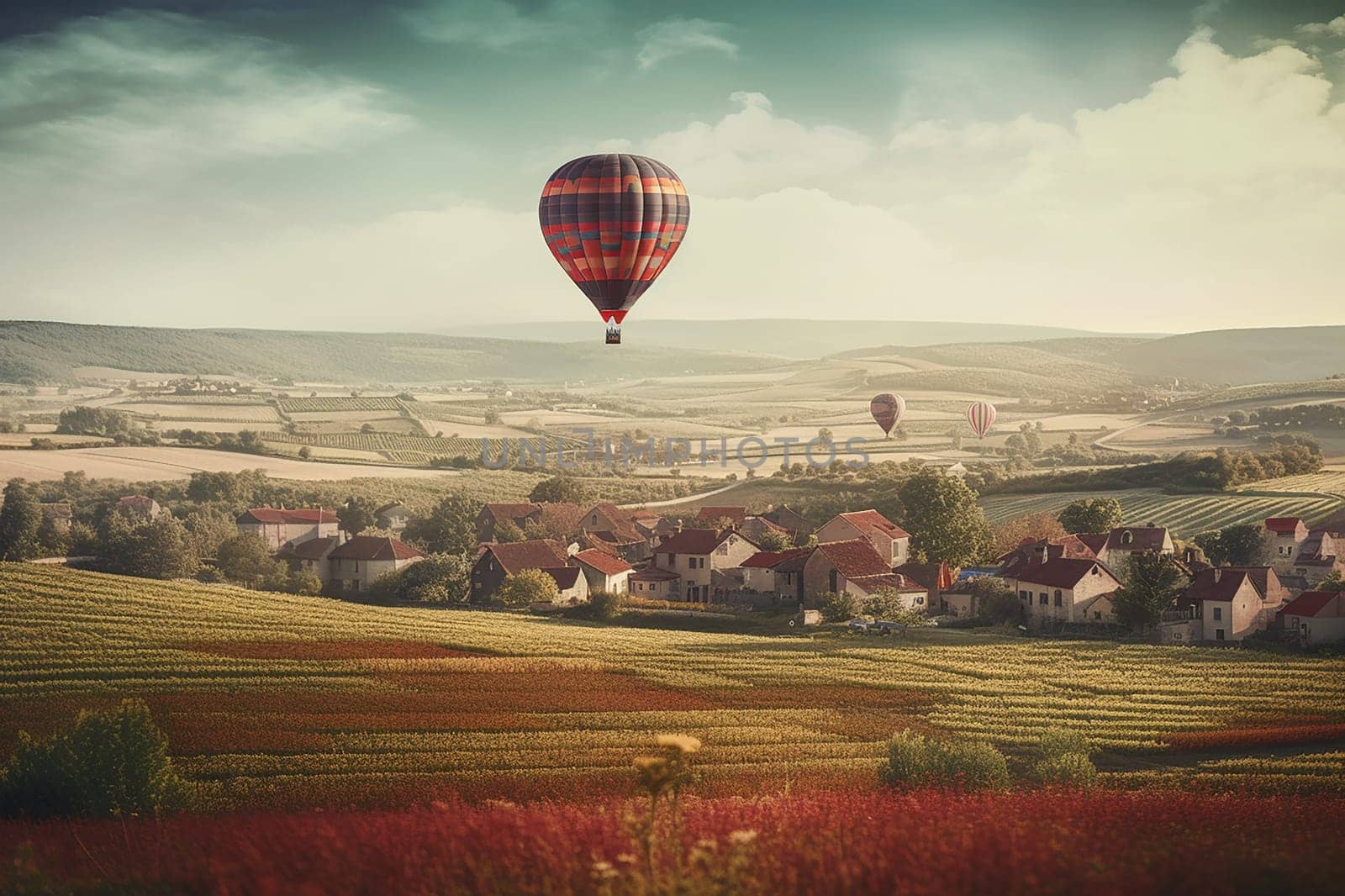 A hot air balloon flying, start of new fun adventure or a travel, landscape, travel with friends by Hype2art