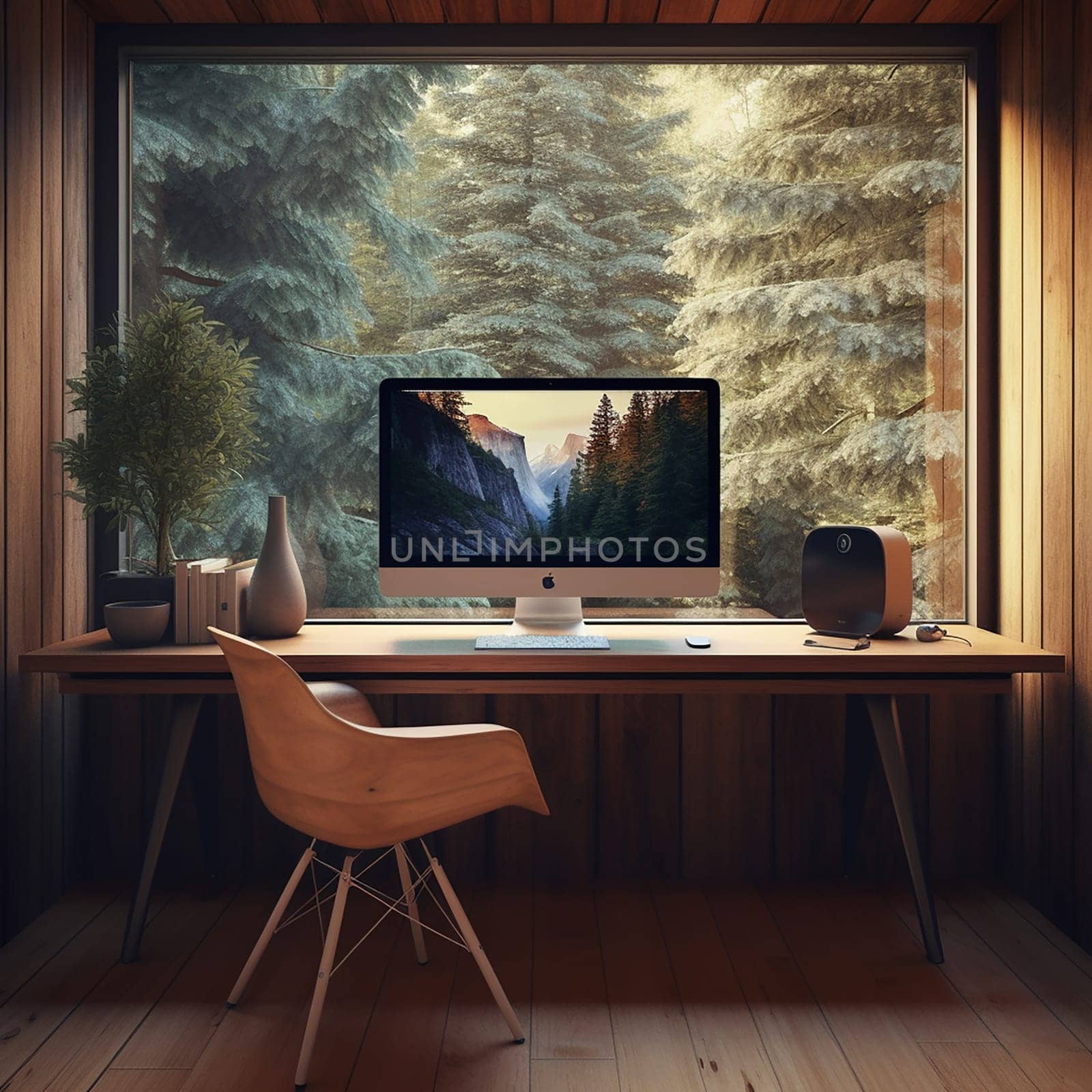 Cozy home office with computer on desk, smart working concept, chair, and large window overlooking a forest.
