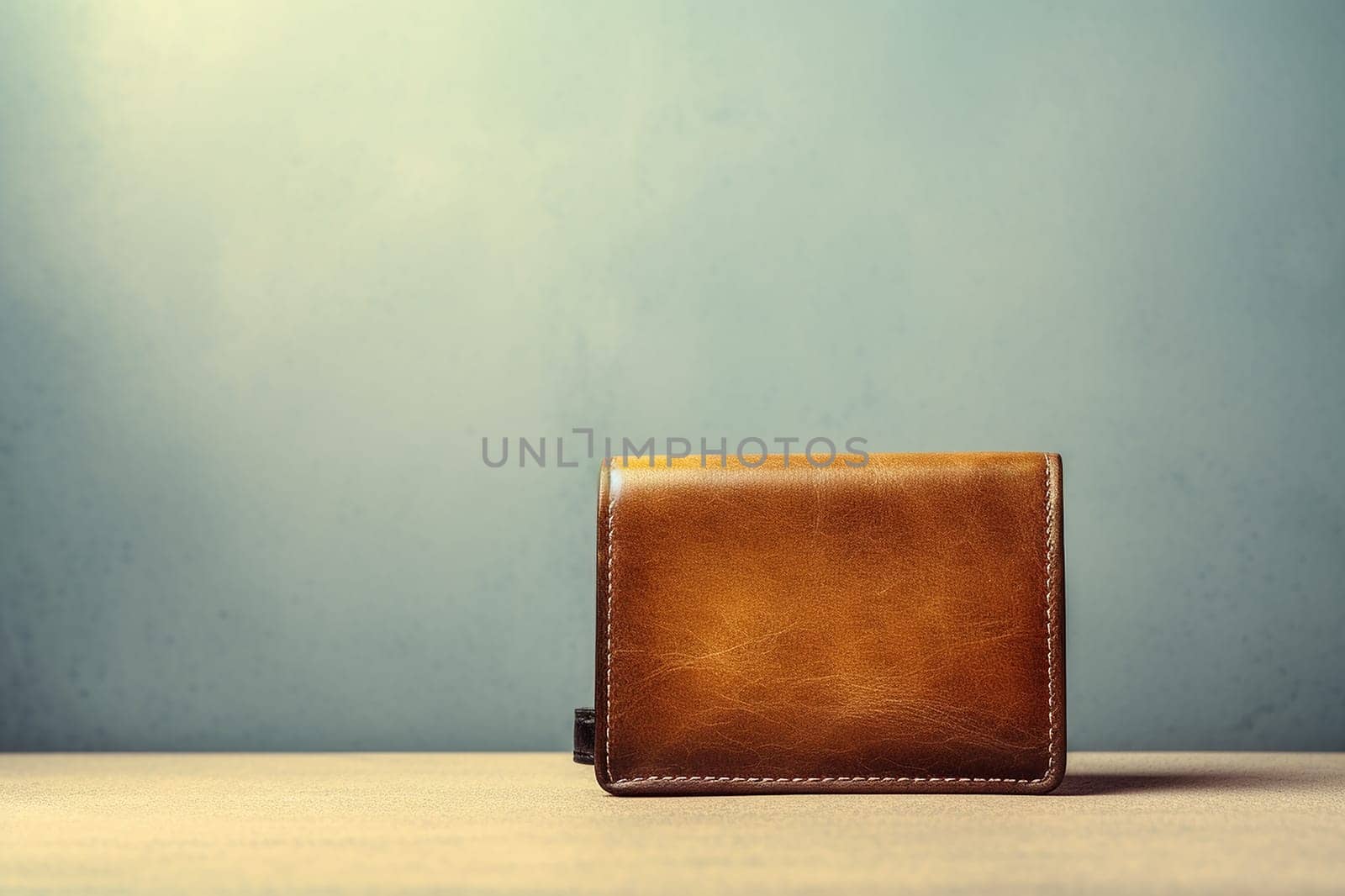 A close brown leather wallet on background with copy space, neutral background,