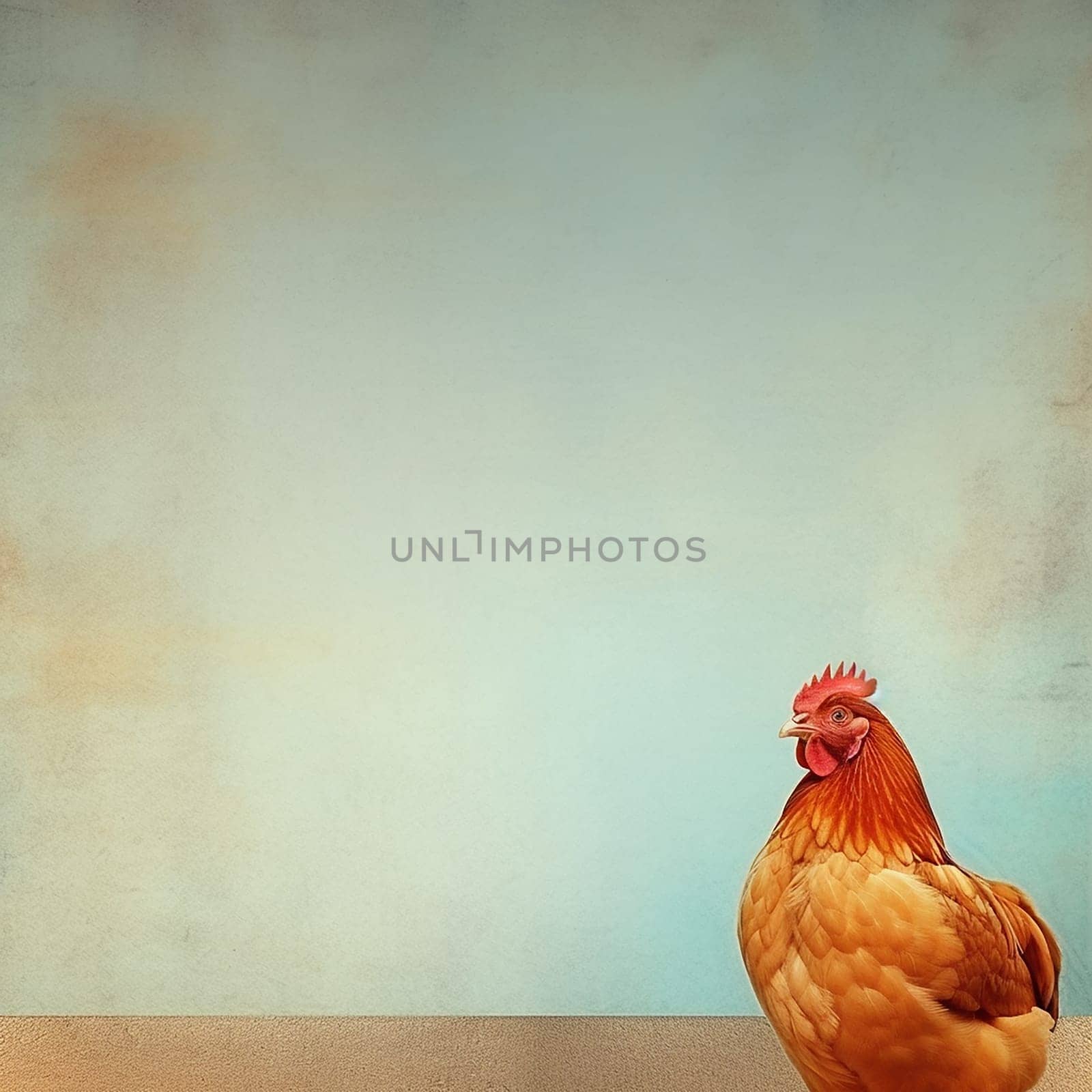 A single rooster against a textured blue background with ample copy space.