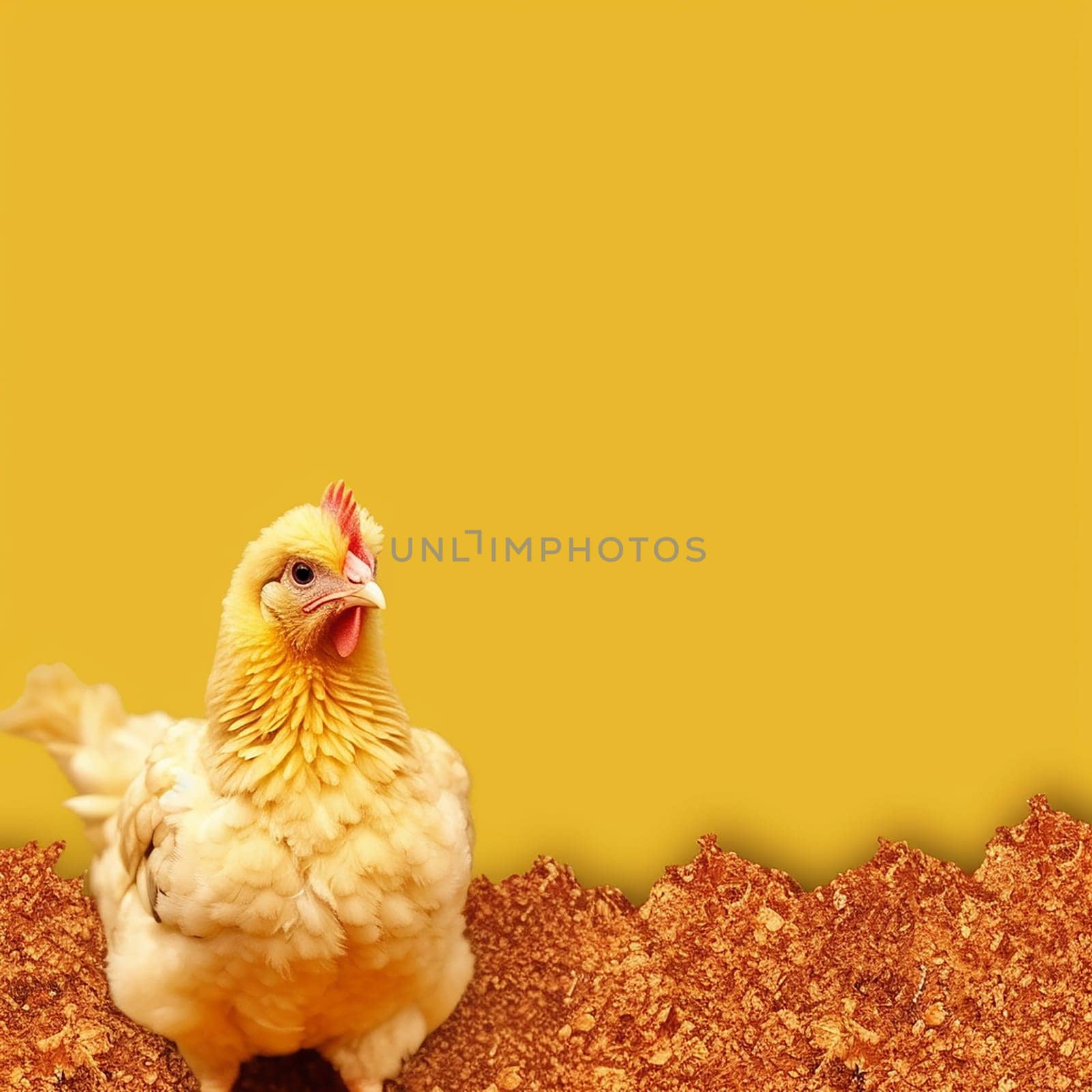 A single rooster against a textured blue background with ample copy space.