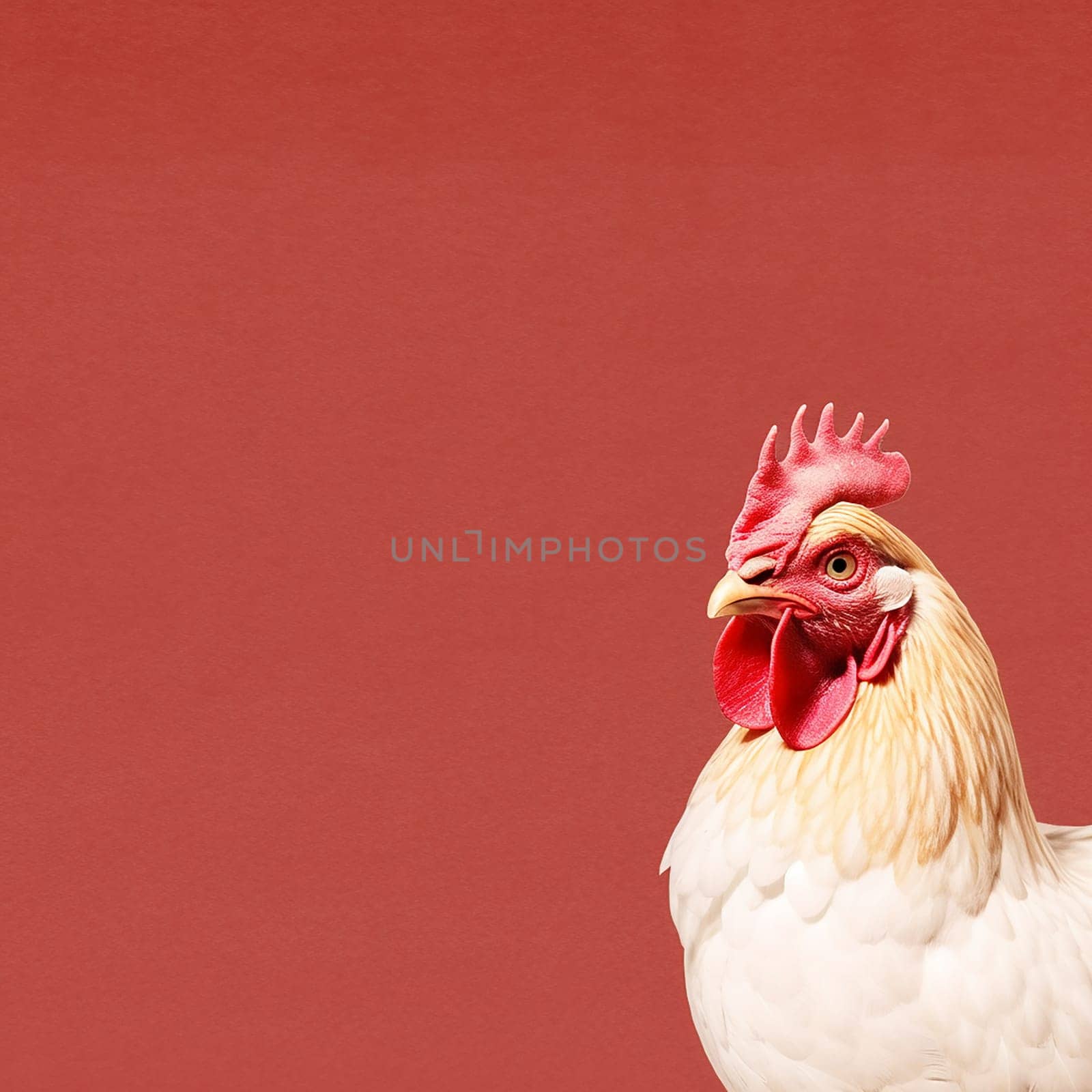 White rooster on a plain red background with copy space.