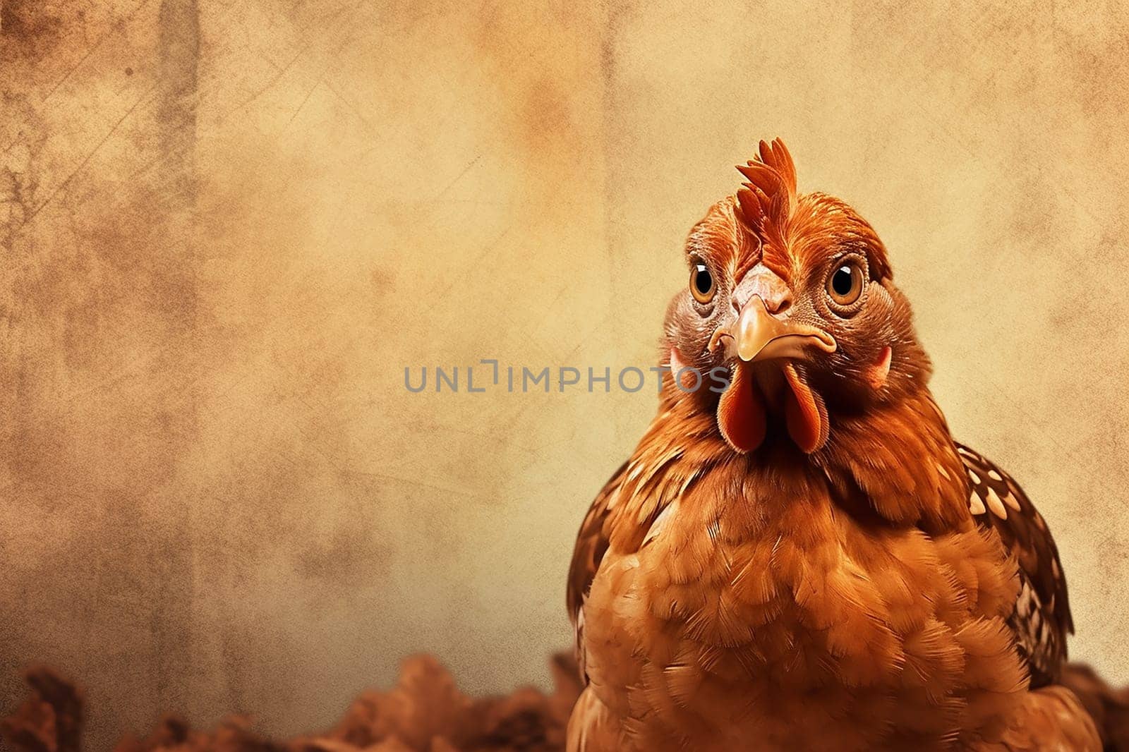 Close-up of a brown chicken against a textured beige background, with a curious expression.