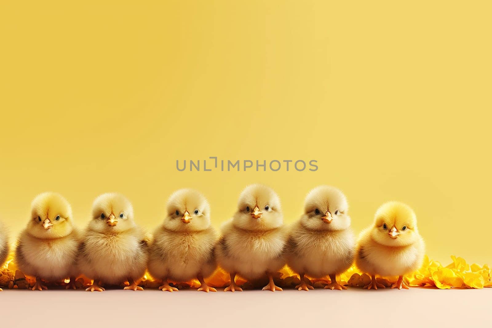 Row of cute fluffy chicks on a yellow background with copy space.