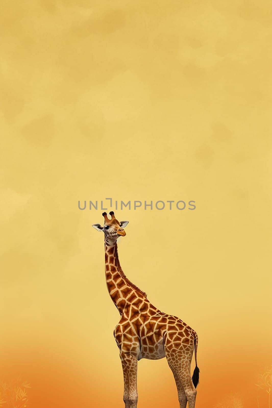 A photo of an african giraffe with yellow, orange background