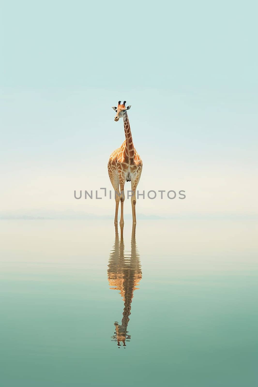 A photo of an african giraffe stay in water, lake with its reflection, on a neutral azure,blue background, sky on background