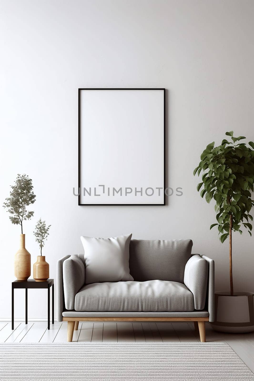 Mock up for a vertical frame, minimalist living room interior with a blank frame, gray sofa, indoor plant, and decorative vase on a side table.