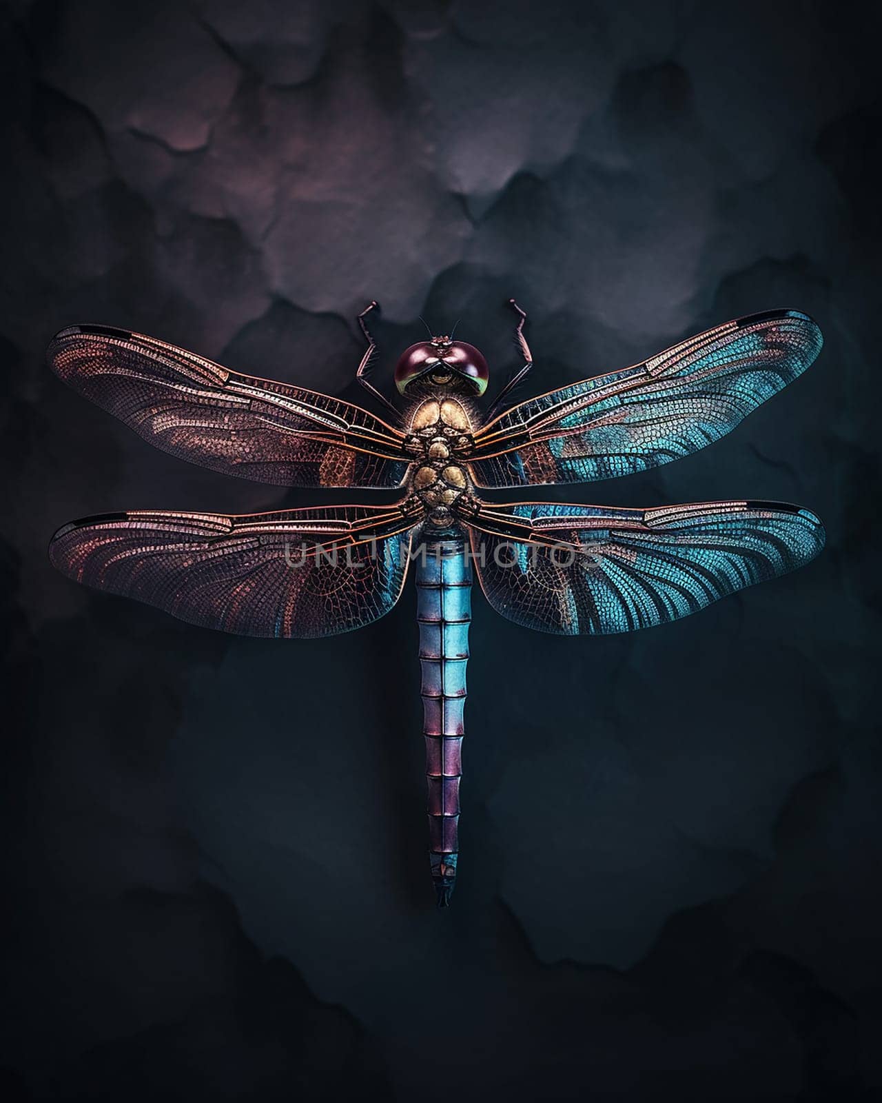 A close-up of a dragonfly with iridescent wings against a dark background