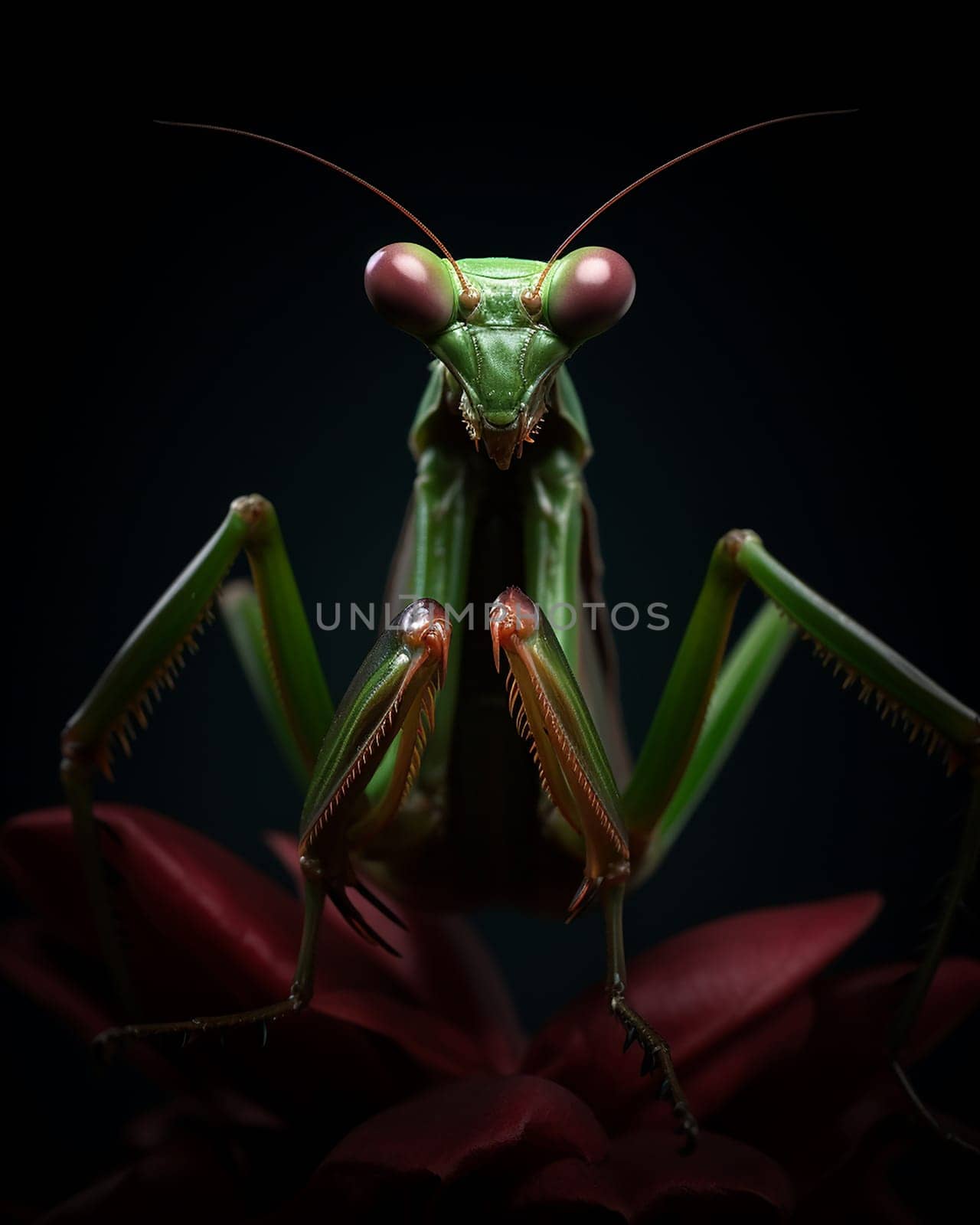 A detailed portrait of a green mantis perched on a red flower, with a black background