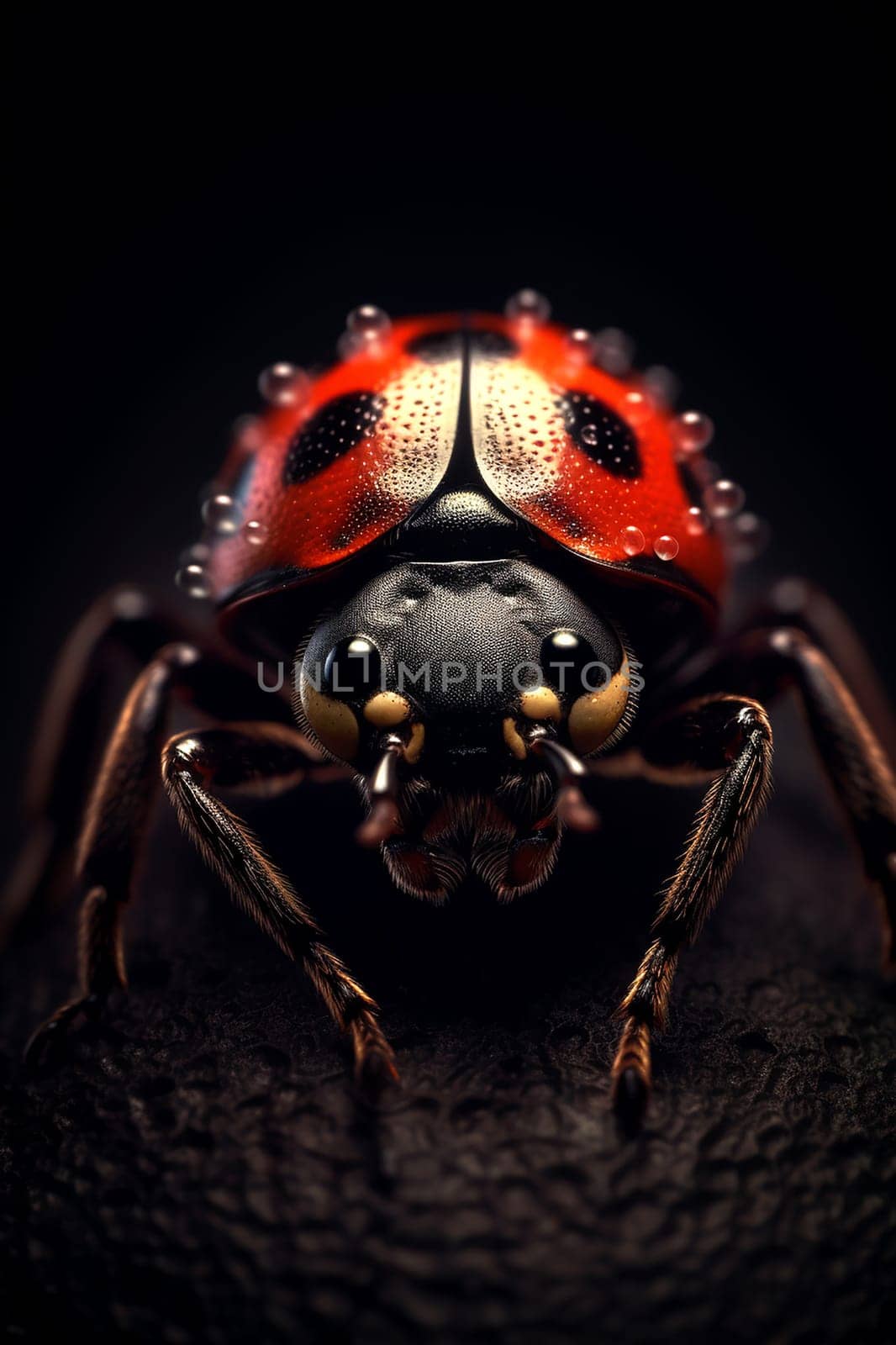 A close-up photo of a ladybug insect with black background, red and black insect