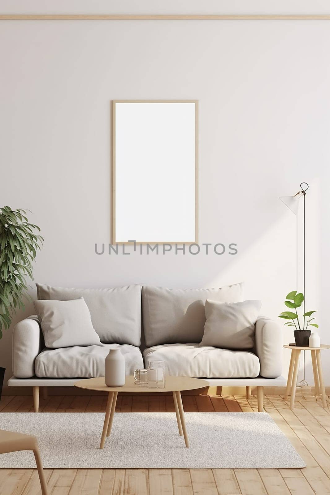 Mock up for a vertical frame, minimalist living room interior with a blank frame, gray sofa, indoor plant, and decorative vase on a side table.