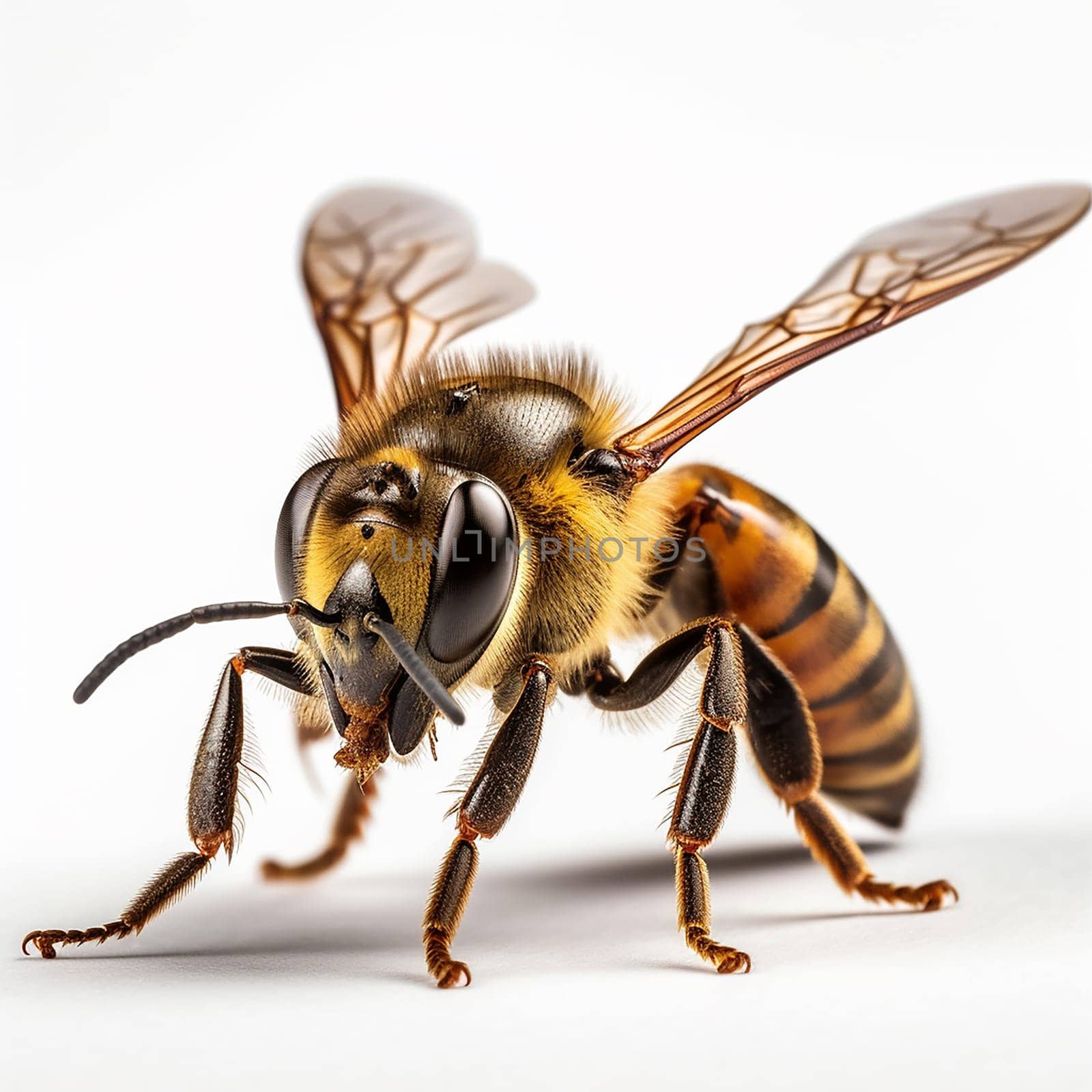 A close-up photo of a bee’s head, showing its eyes, antennae, and mouthparts on a neutral white background