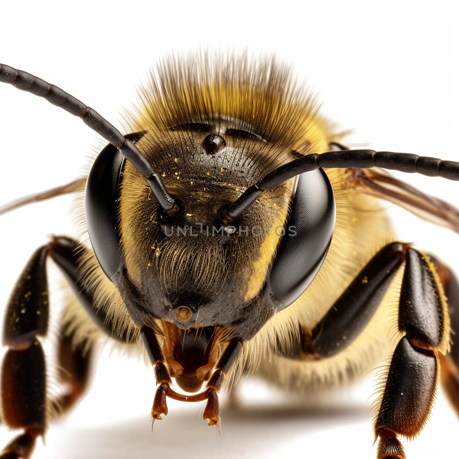 A close-up photo of a bee’s head, showing its eyes, antennae, and mouthparts on a neutral white background