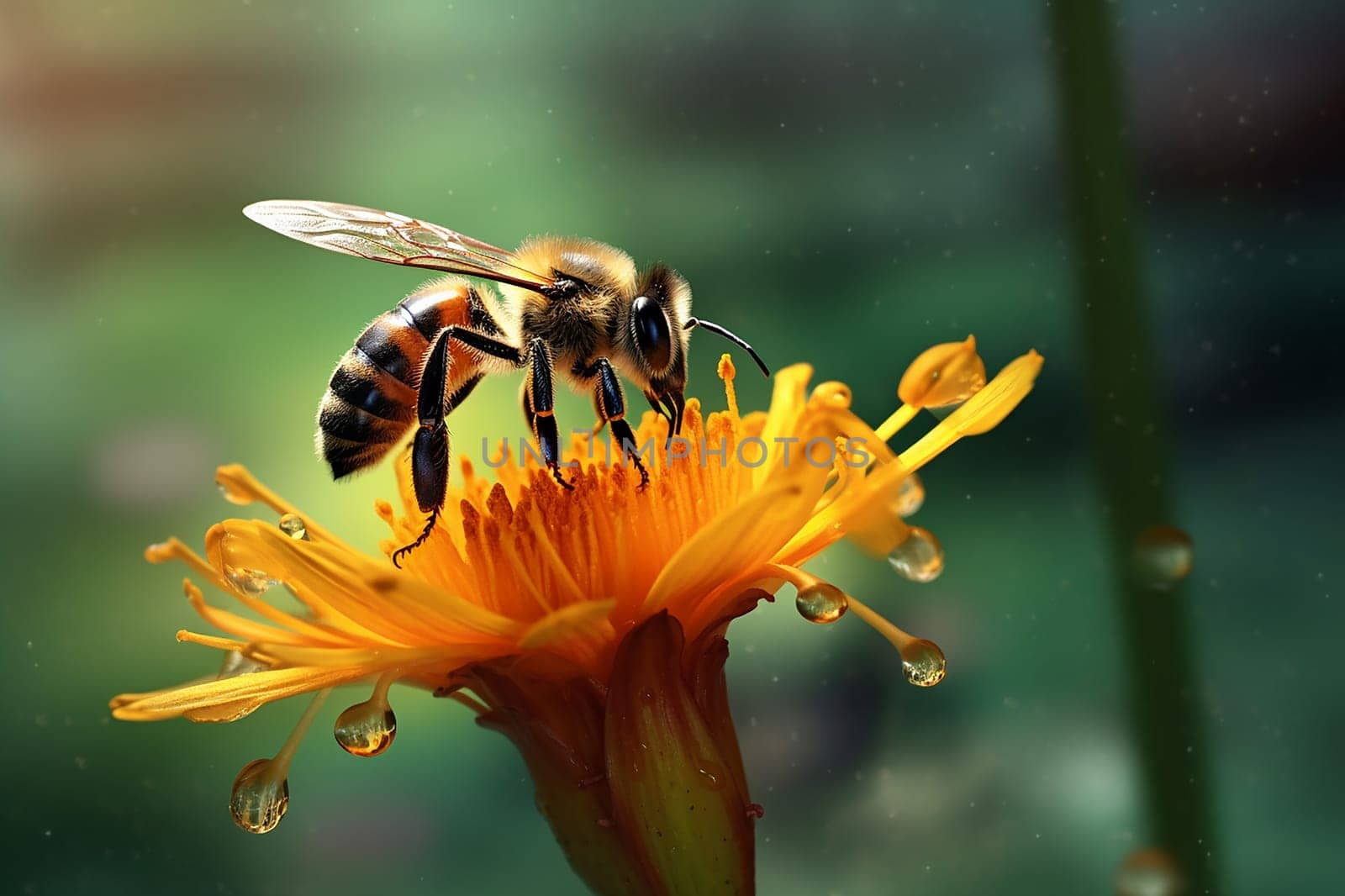 A bee in the process of pollinating a flower, with droplets of nectar and pollen visible on its body