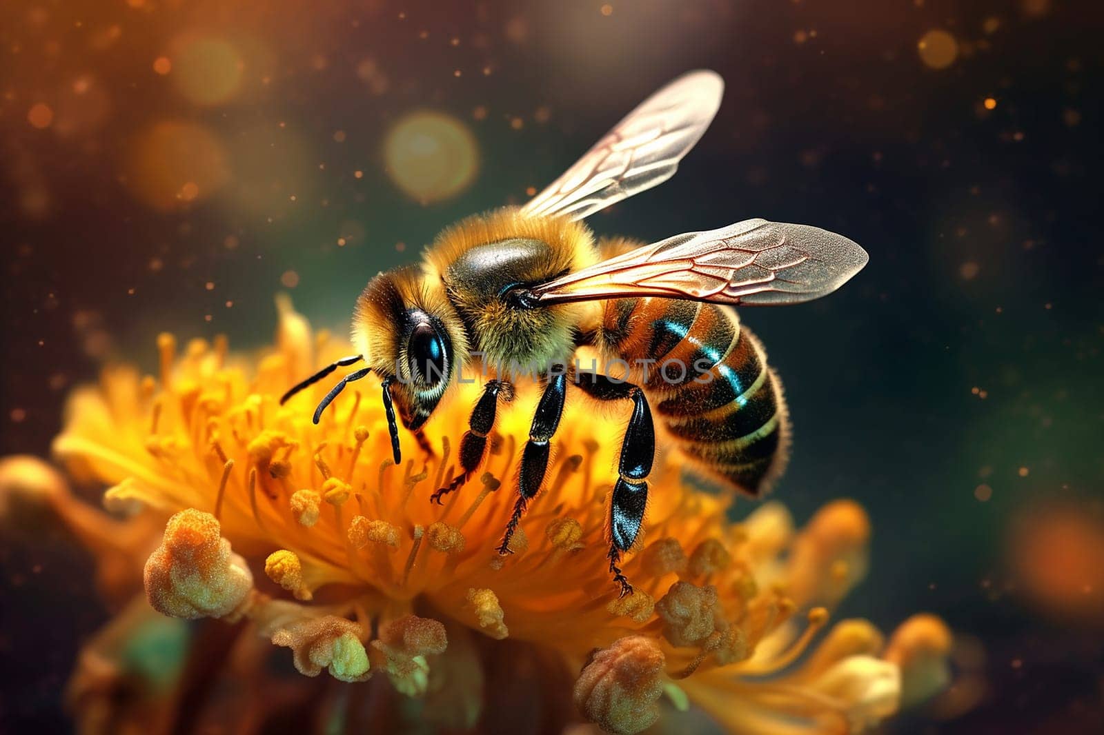 A bee in the process of pollinating a flower, sunlight, natural lighting by Hype2art