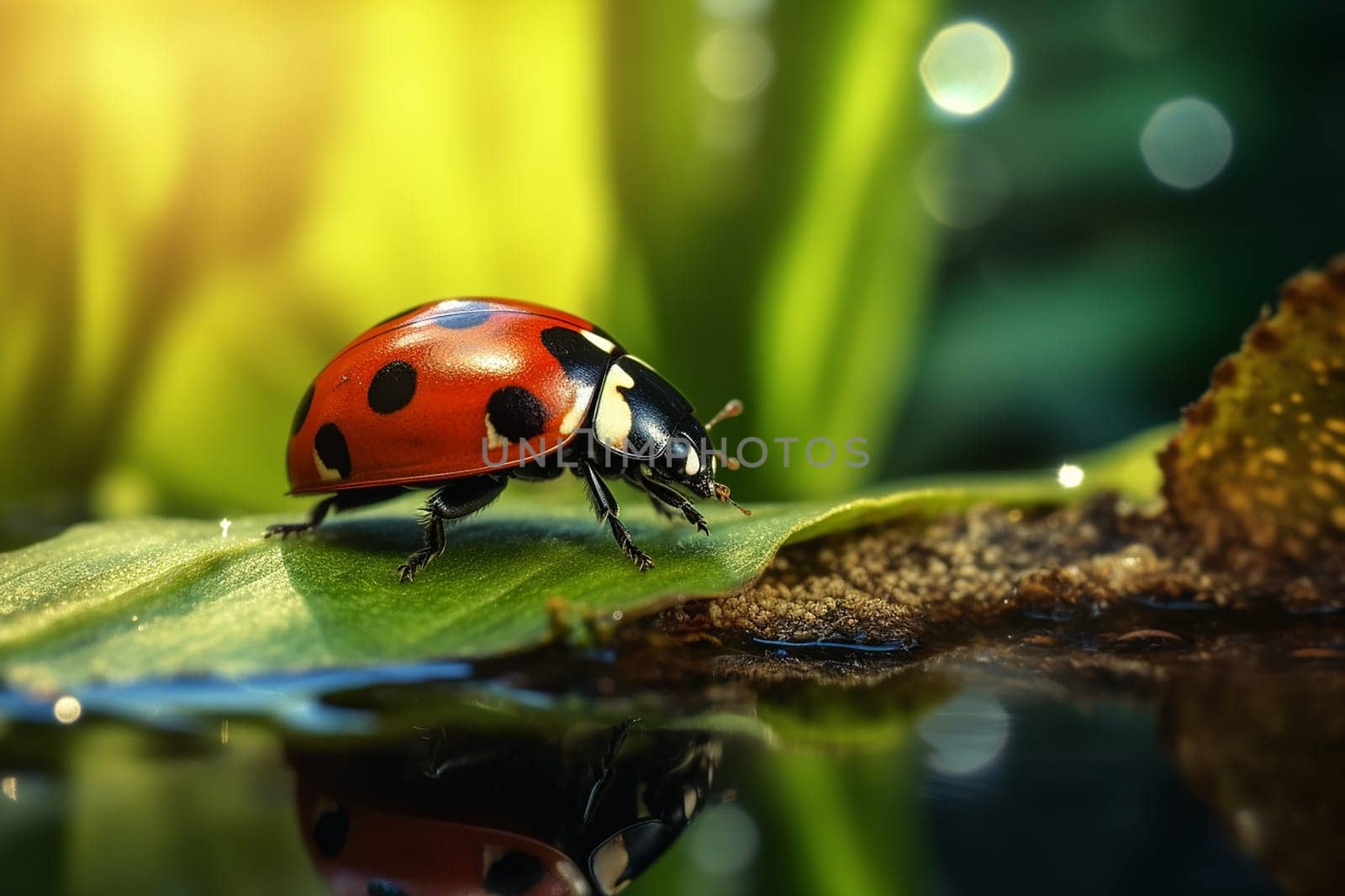 A close-up of a ladybug crawling on a leaf with a reflection in the water below. The background is blurred with bokeh.