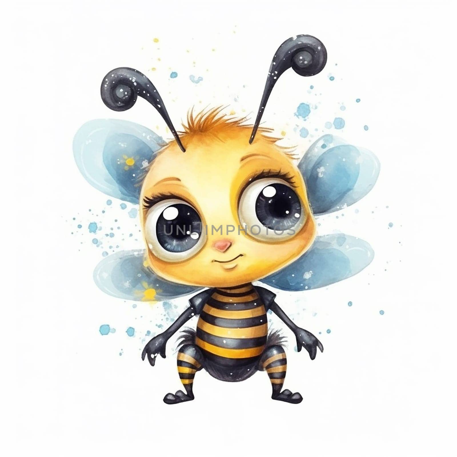 An artistic illustration of a bee with watercolor style on white background, chibi and sweet bee