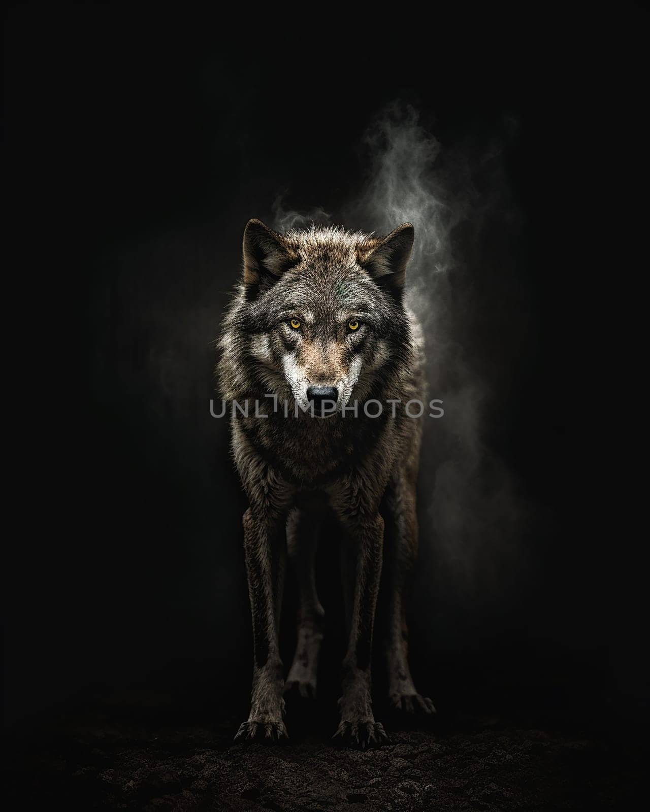 A wild adult wolf on a black background