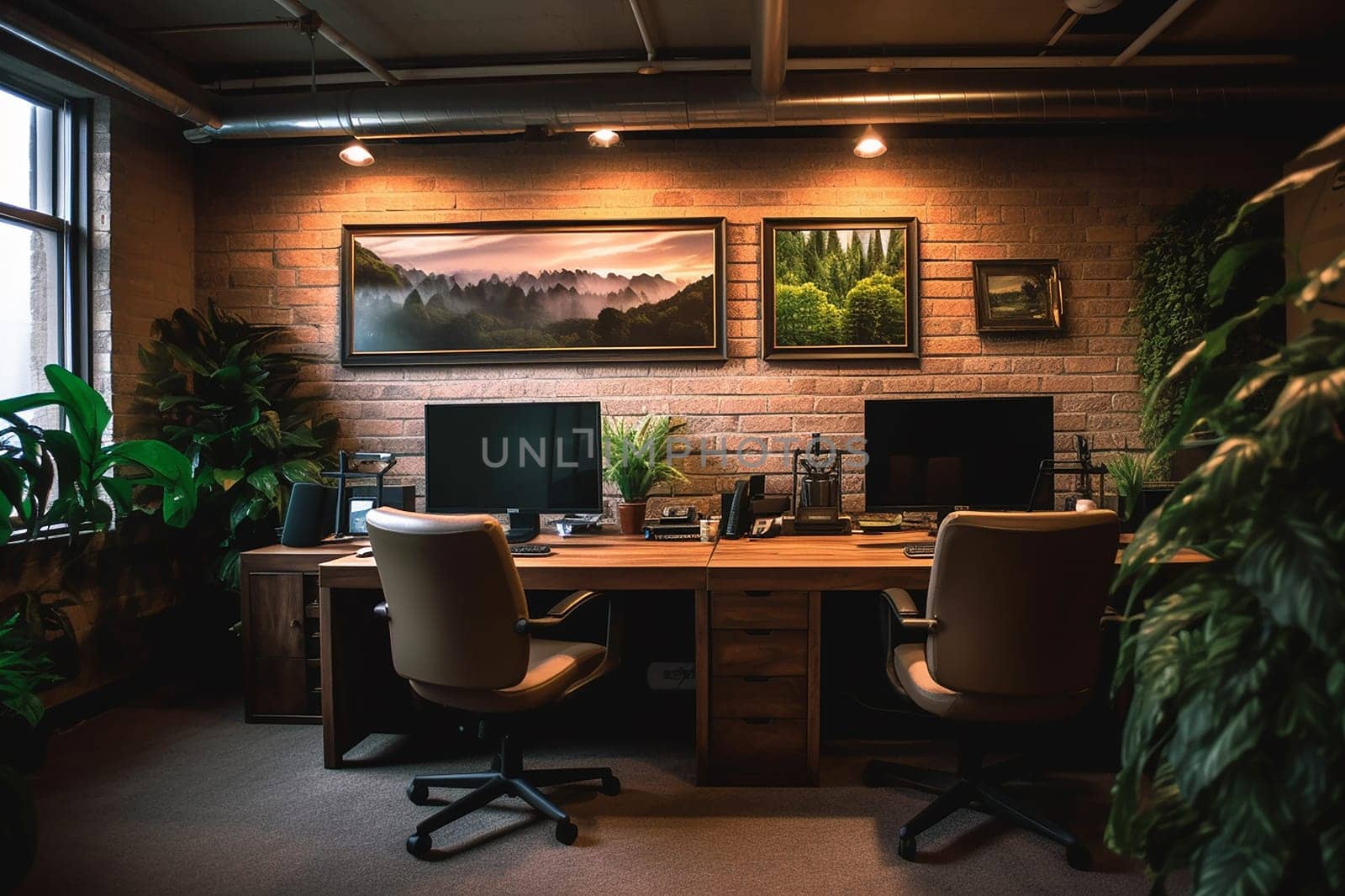 Modern office interior with wooden desks, ergonomic chairs, computers, and framed landscape pictures on a brick wall, surrounded by indoor plants.